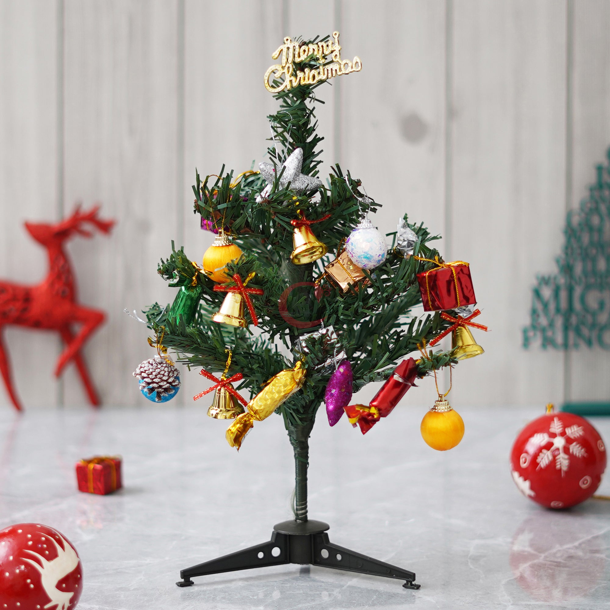eCraftIndia 1 Feet Green Artificial Christmas Tree Xmas Pine Tree with Stand and 40 Christmas Decoration Ornaments Props - Merry Christmas Decoration Item for Home, Office, and Church