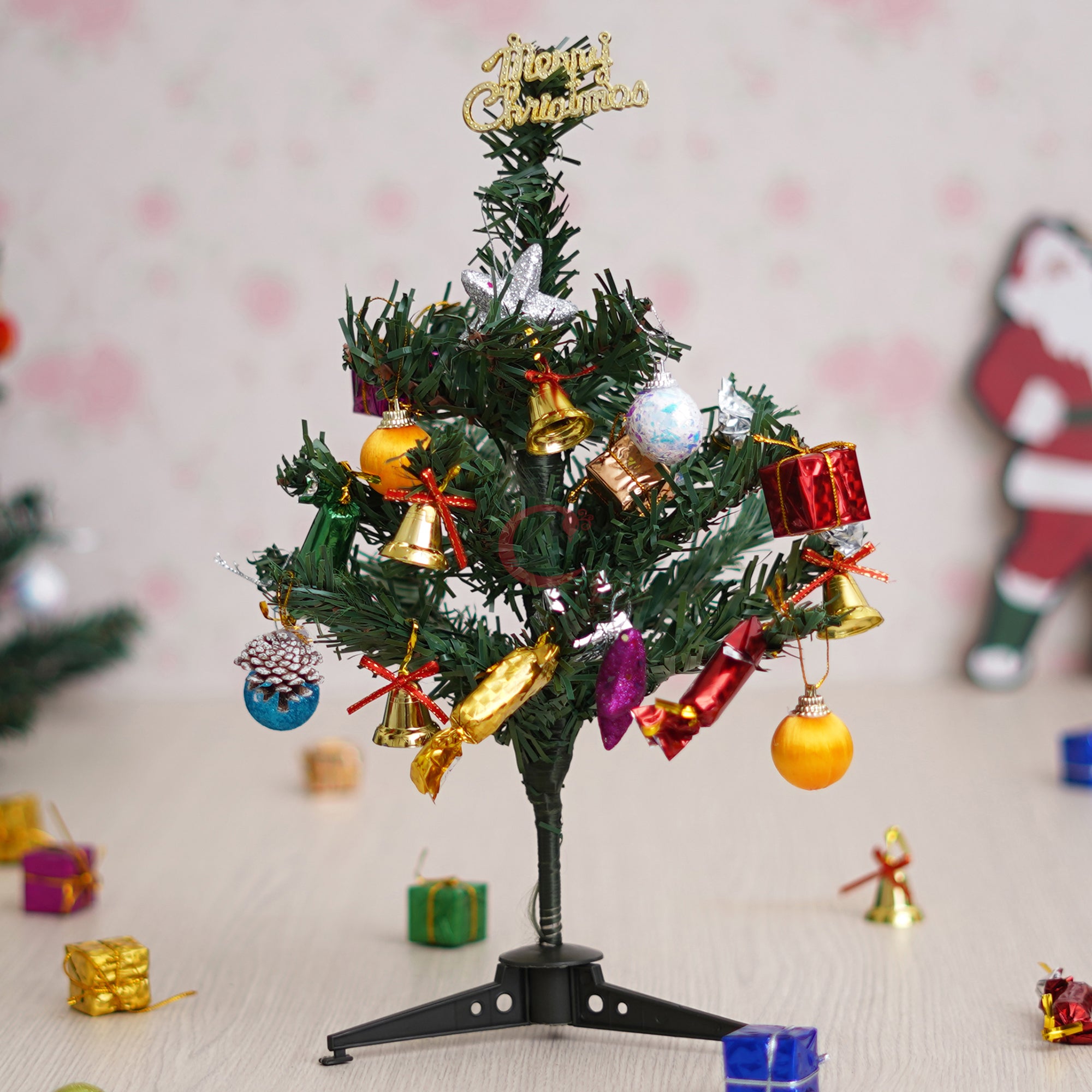 eCraftIndia 1 Feet Green Artificial Christmas Tree Xmas Pine Tree with Stand and 40 Christmas Decoration Ornaments Props - Merry Christmas Decoration Item for Home, Office, and Church 1