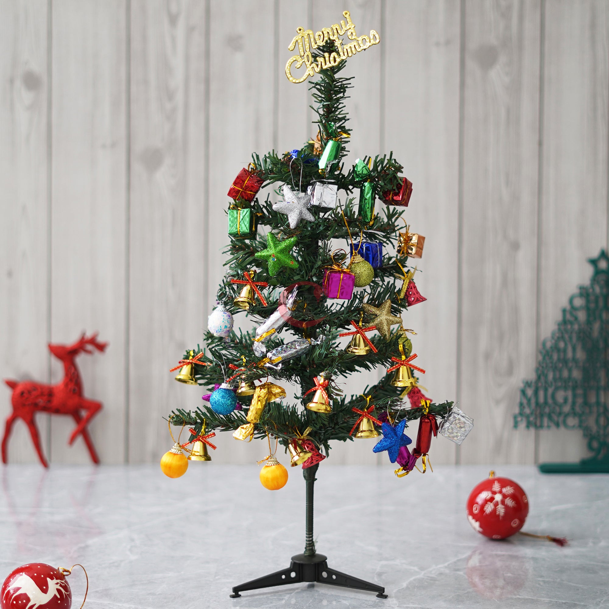 eCraftIndia 2 Feet Green Artificial Christmas Tree Xmas Pine Tree with Stand and 60 Christmas Decoration Ornaments Props - Merry Christmas Decoration Item for Home, Office, and Church 1