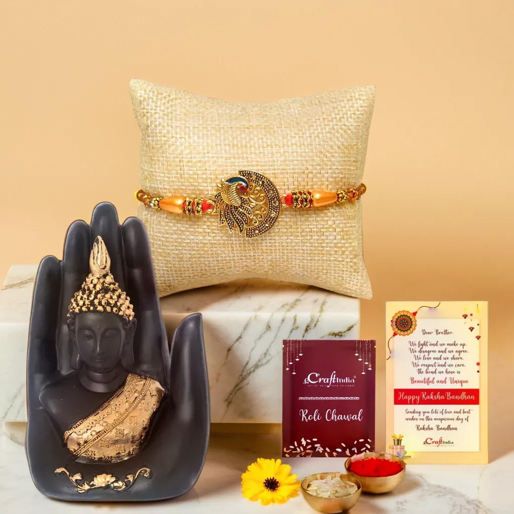 eCraftIndia Peacock Designer Rakhi for Brother with Palm Buddha Statue and Roli Chawal Pack