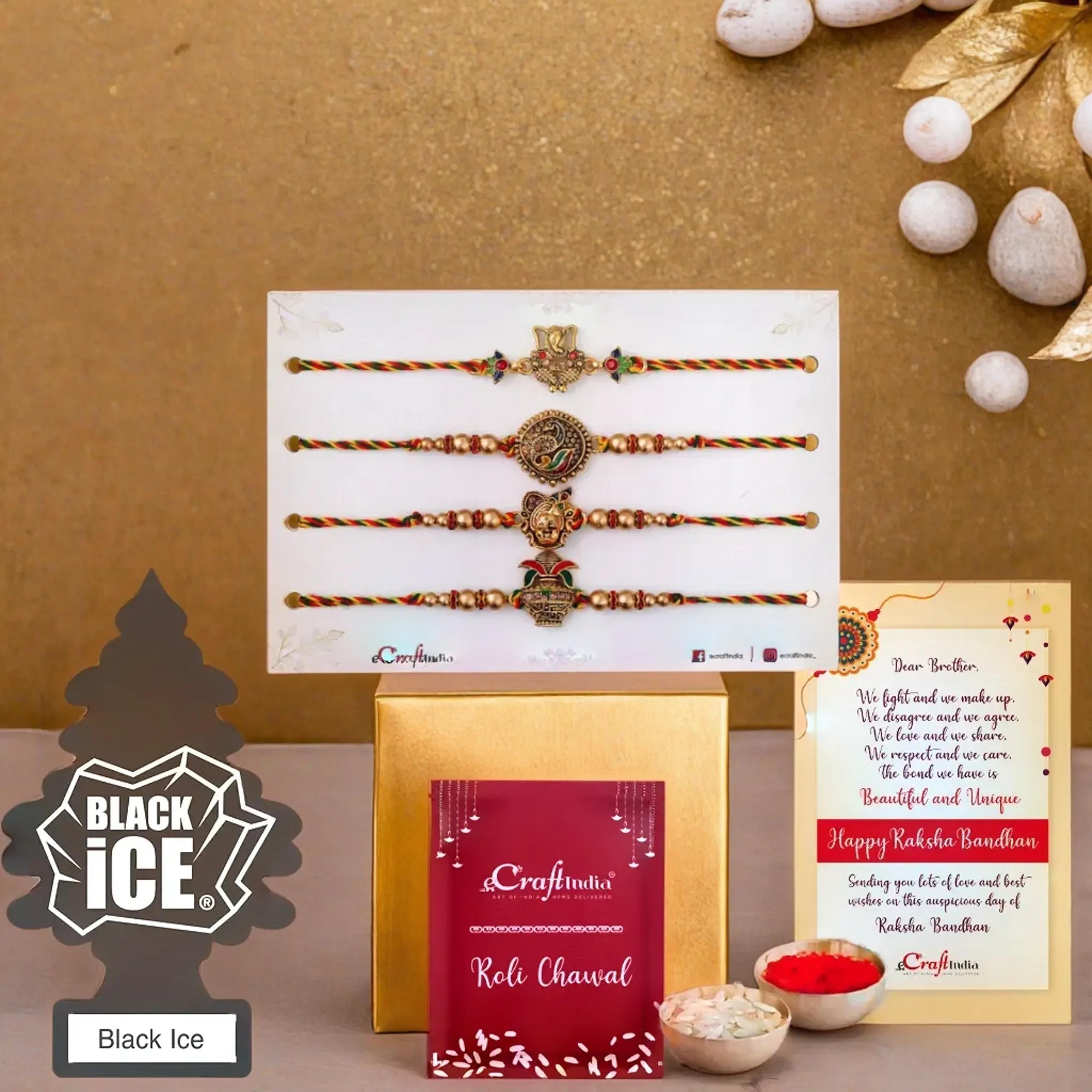 eCraftIndia Set of 4 Lord Ganesha, Peacock, Krishna & Kalash Designer Rakhis, Roli Chawal Pack, and Little Trees Air Freshener Black Ice Pack of 1