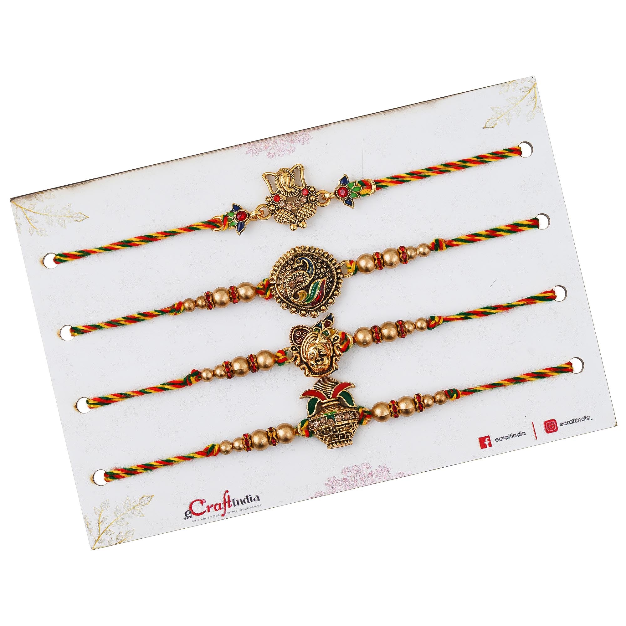 eCraftIndia Set of 4 Lord Ganesha, Peacock, Krishna & Kalash Designer Rakhis, Roli Chawal Pack, and Little Trees Air Freshener Black Ice Pack of 1 3