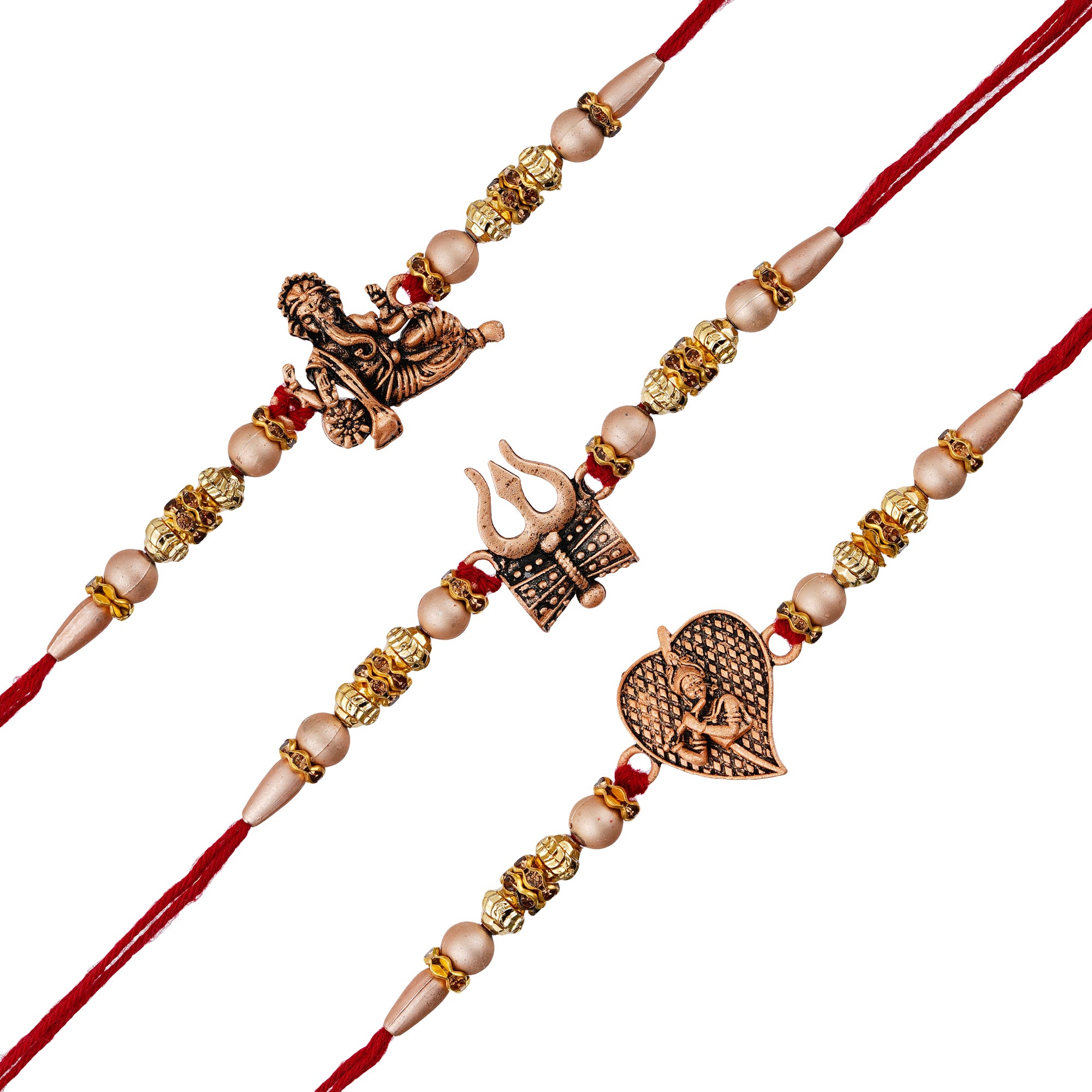 eCraftIndia Set of 3 Trishul with Damru, Ganesha, Krishna Playing Flute Religious Rakhis for Brothers with Chocolate, 2 Cadbury Dairy Milk, 2 Kitkat Chocolate, Rakhi with Chocolate Gift, Roli Chawal 3
