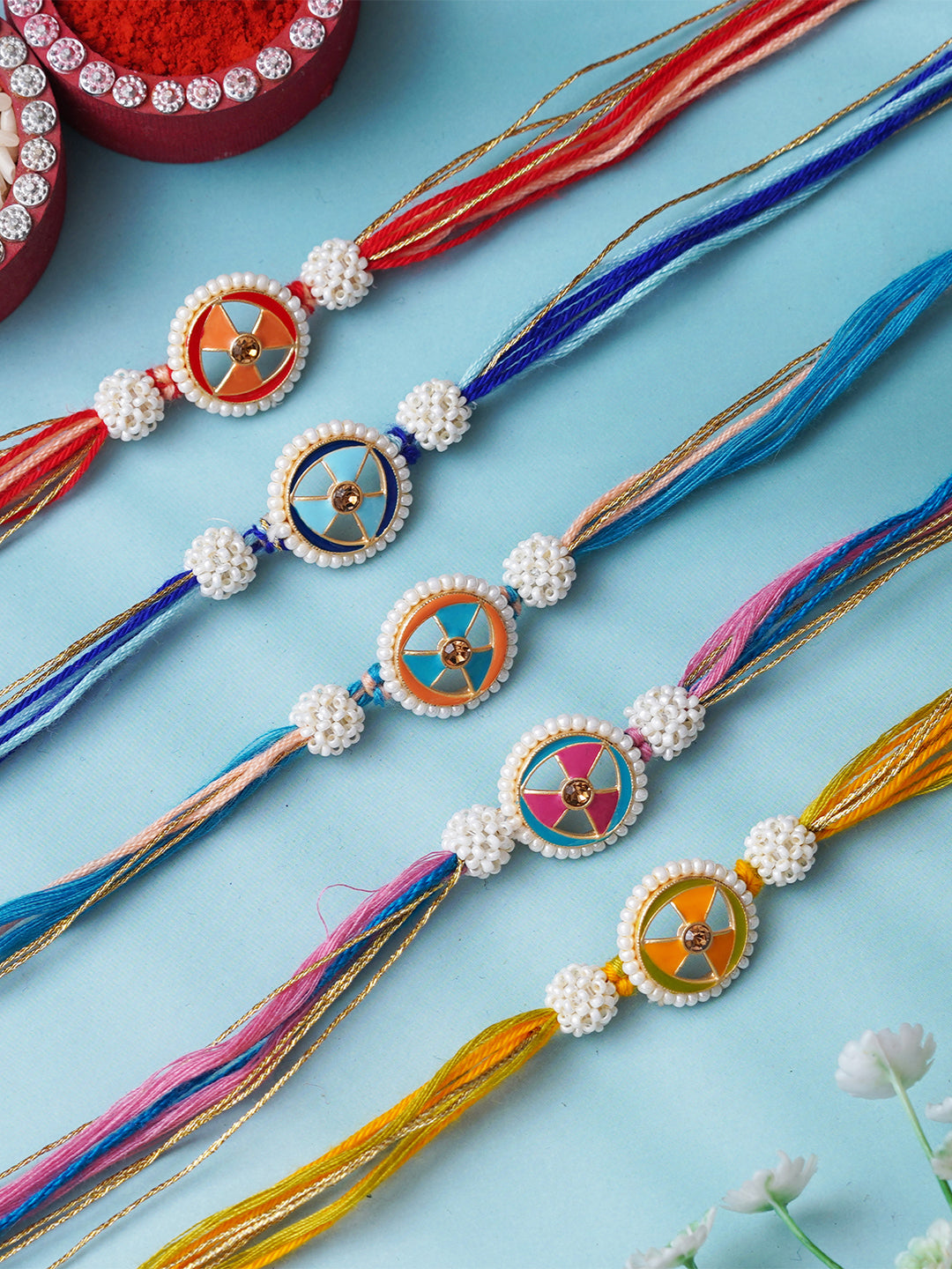 Set of 5 Multicolor Floral Pearls Designer Rakhis for Brother, Bhabhi, Kids with Roli Chawal Pack 1