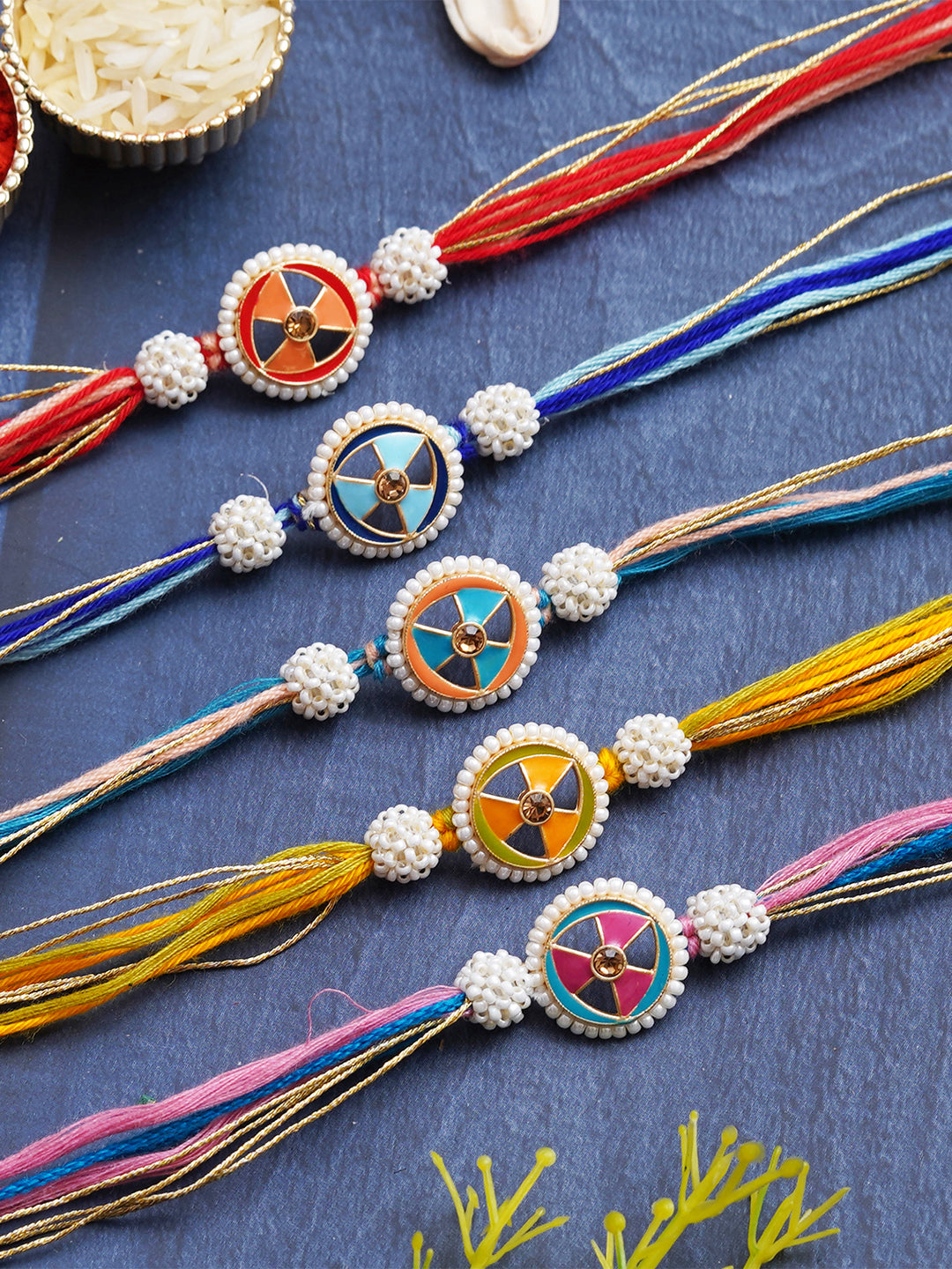 Set of 5 Multicolor Floral Pearls Designer Rakhis for Brother, Bhabhi, Kids with Roli Chawal Pack