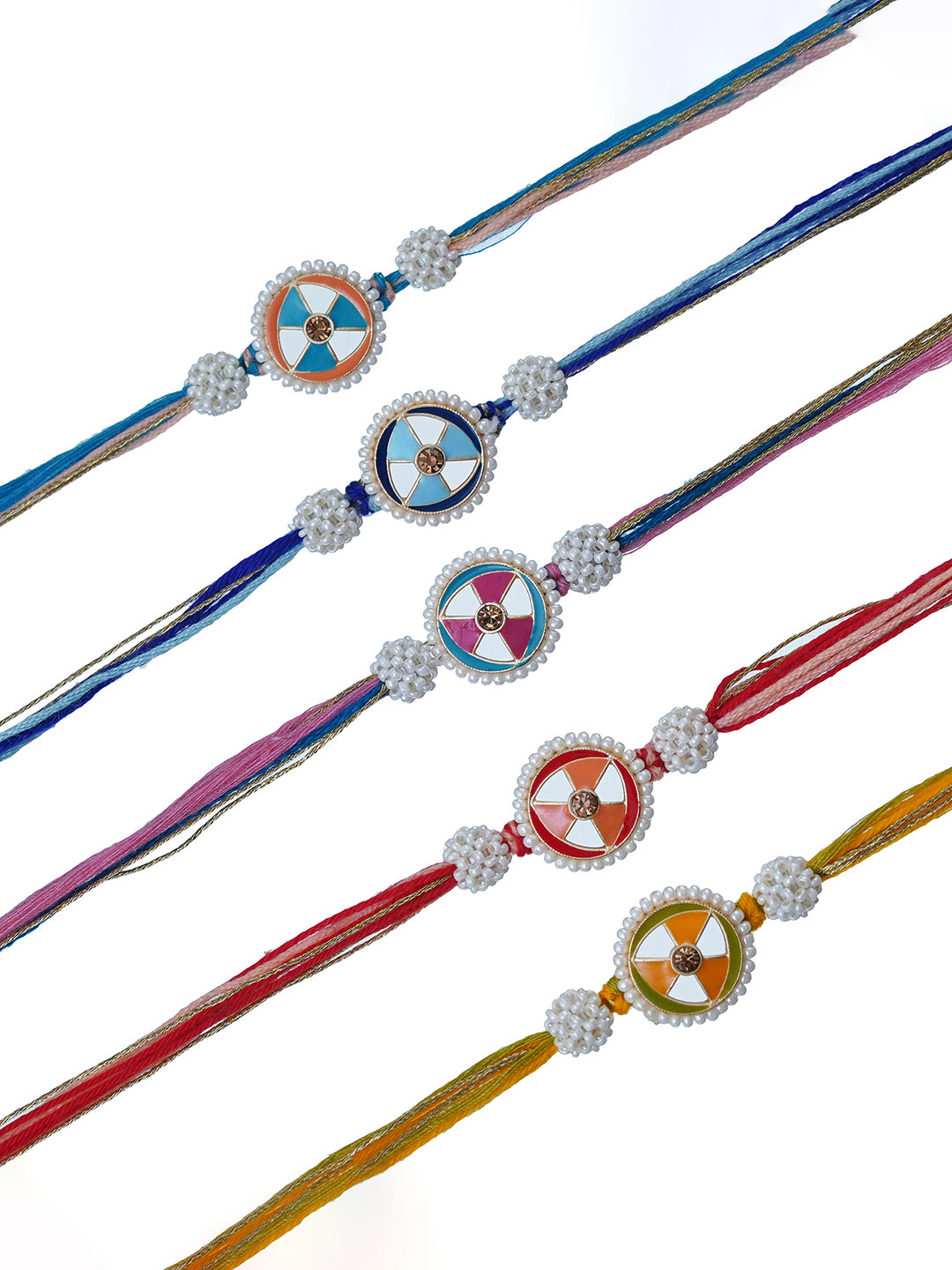 Set of 5 Multicolor Floral Pearls Designer Rakhis for Brother, Bhabhi, Kids with Roli Chawal Pack 2