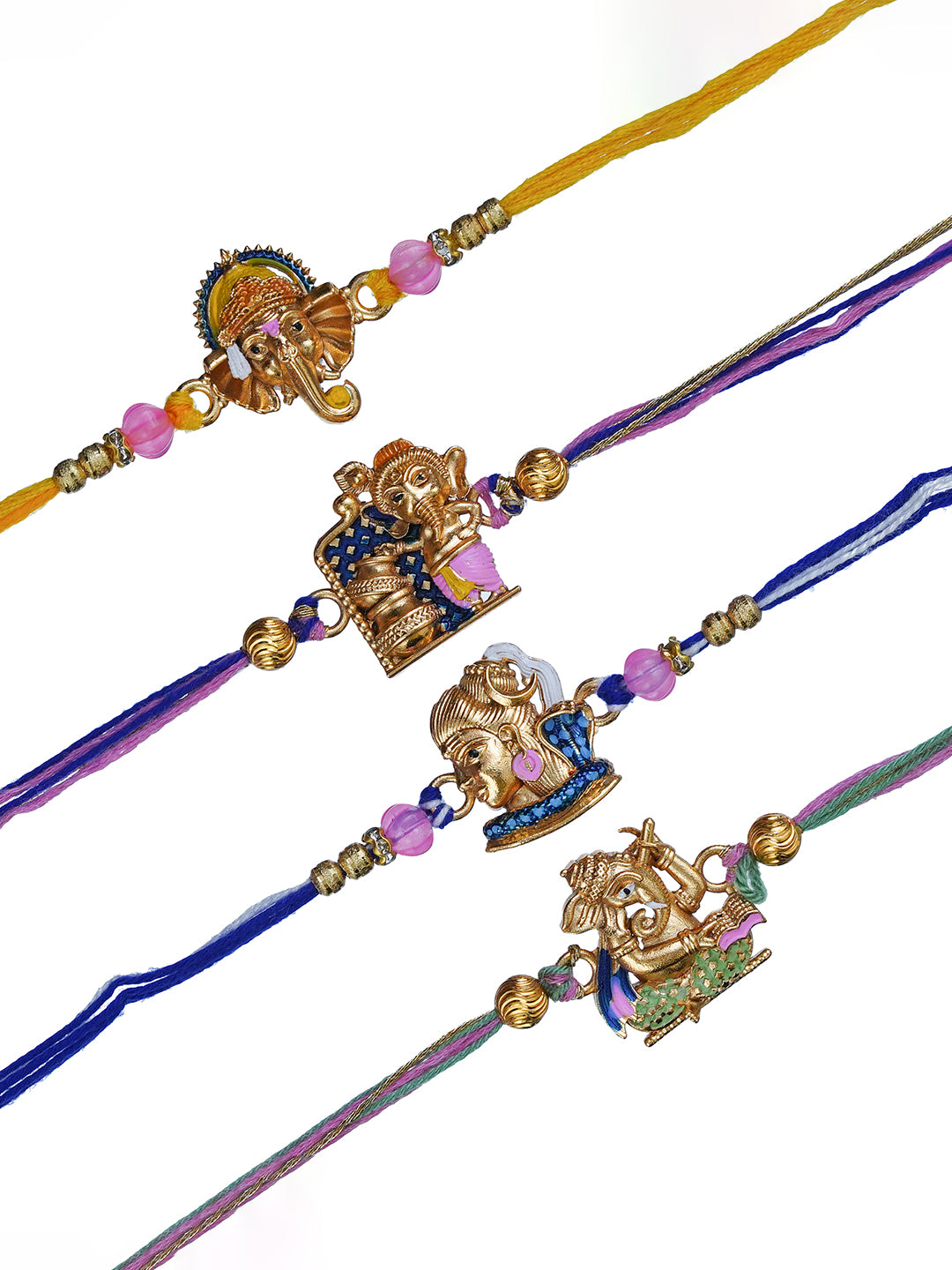 Set of 4 Lord Ganesha and Shiva Religious Designer Rakhis for Brother, Bhabhi, Kids with Roli Chawal Pack 2