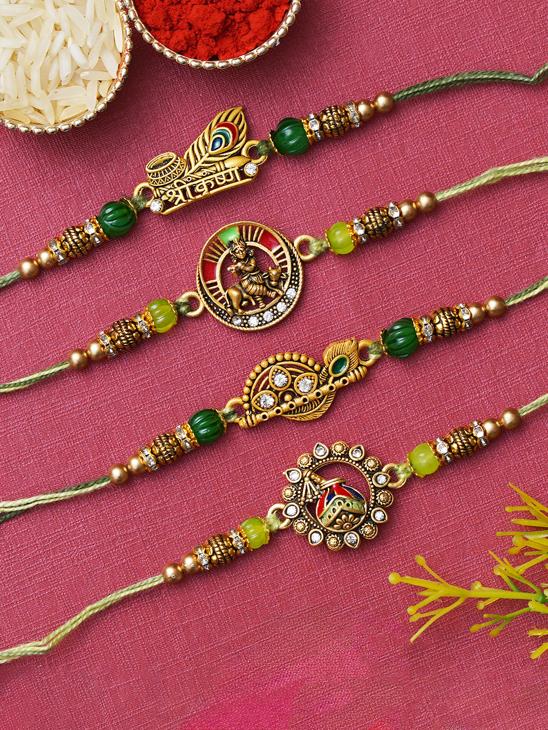 Set of 4 Multicolor Kalash Flute, Krishna Playing Flute with Cow, Shri Krishna, Flute & Peacock Feathers Religious Designer Rakhis for Brother, Bhabhi, Kids with Roli Chawal Pack 2