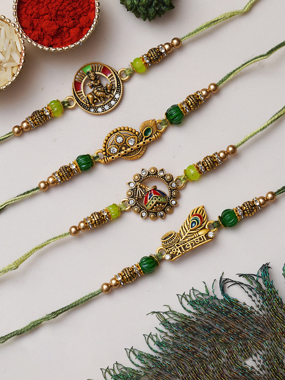 Set of 4 Multicolor Kalash Flute, Krishna Playing Flute with Cow, Shri Krishna, Flute & Peacock Feathers Religious Designer Rakhis for Brother, Bhabhi, Kids with Roli Chawal Pack