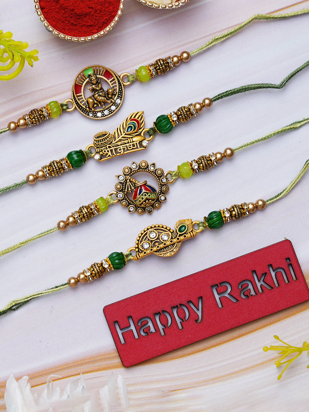 Set of 4 Multicolor Kalash Flute, Krishna Playing Flute with Cow, Shri Krishna, Flute & Peacock Feathers Religious Designer Rakhis for Brother, Bhabhi, Kids with Roli Chawal Pack 1