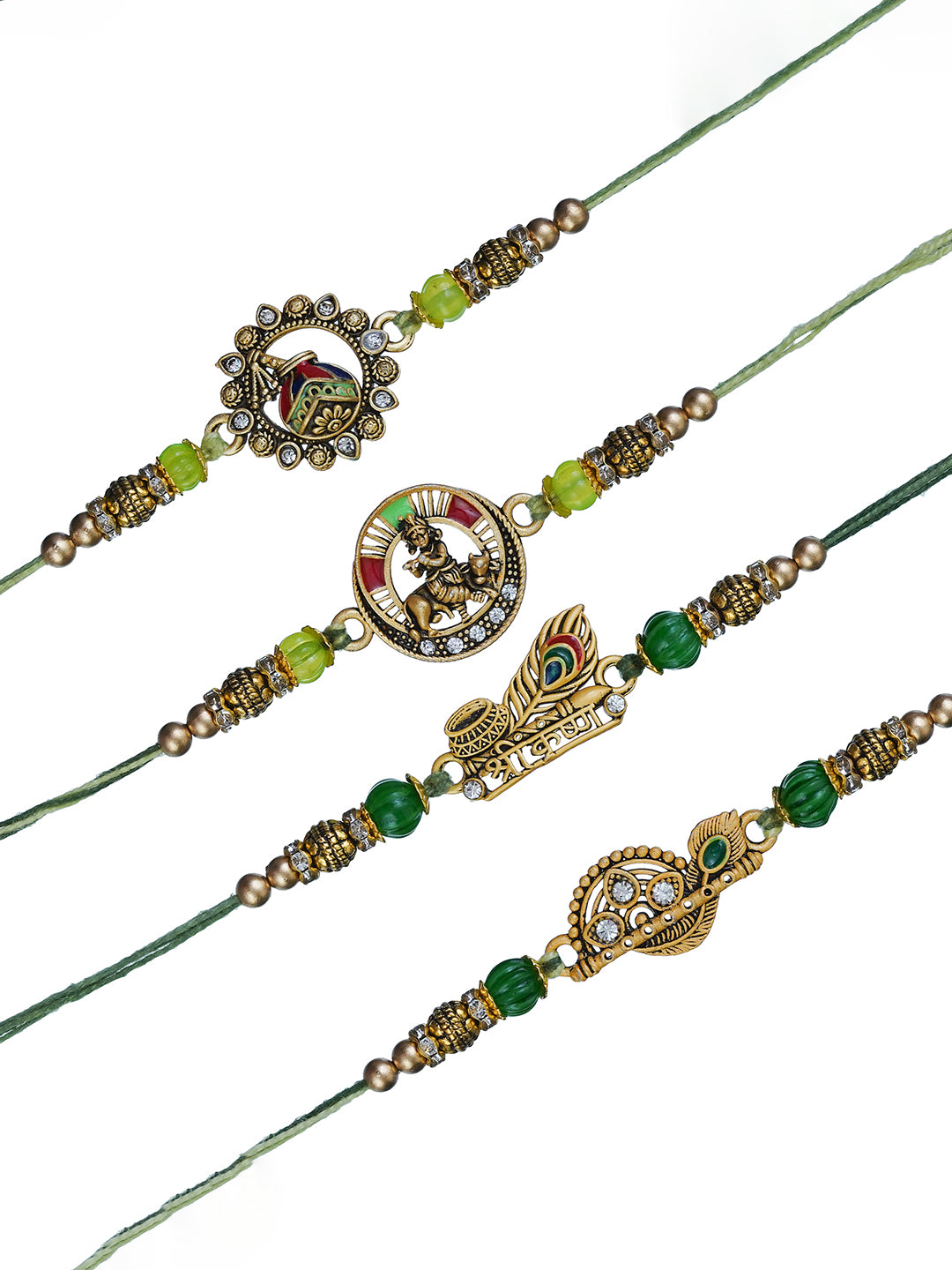 Set of 4 Multicolor Kalash Flute, Krishna Playing Flute with Cow, Shri Krishna, Flute & Peacock Feathers Religious Designer Rakhis for Brother, Bhabhi, Kids with Roli Chawal Pack 3