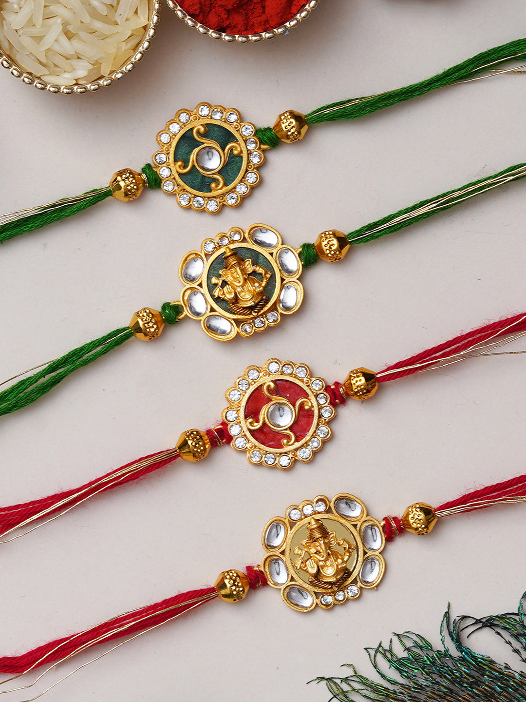 Set of 4 Multicolor Floral & Lord Ganesha Religious Designer Rakhis for Brother, Bhabhi, Kids with Roli Chawal Pack 1