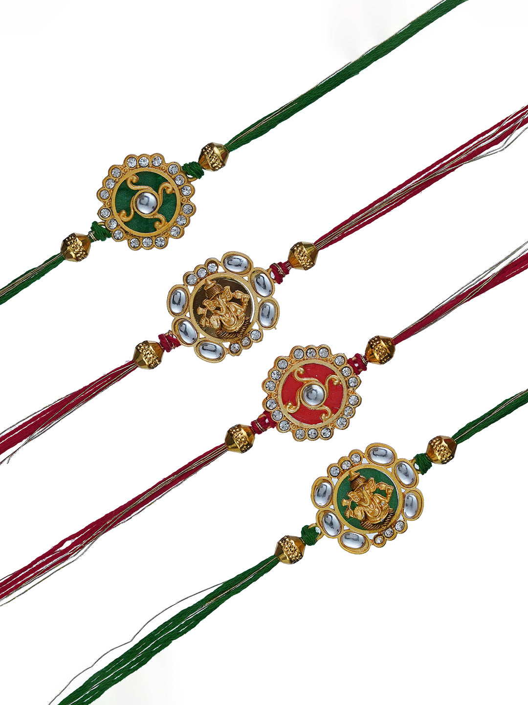 Set of 4 Multicolor Floral & Lord Ganesha Religious Designer Rakhis for Brother, Bhabhi, Kids with Roli Chawal Pack 2