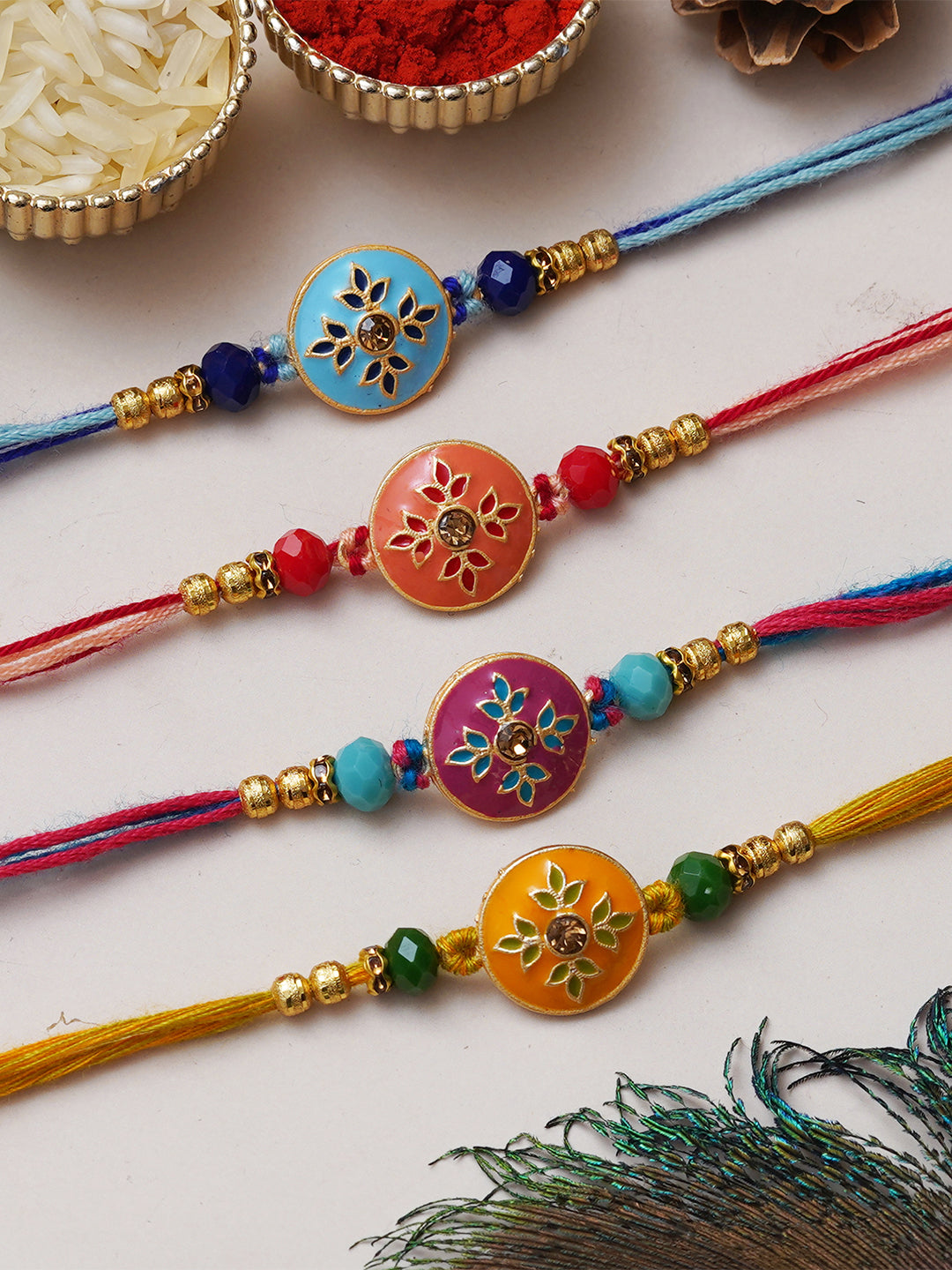 Set of 4 Multicolor Floral Designer Rakhis for Brother, Bhabhi, Kids with Roli Chawal Pack 2