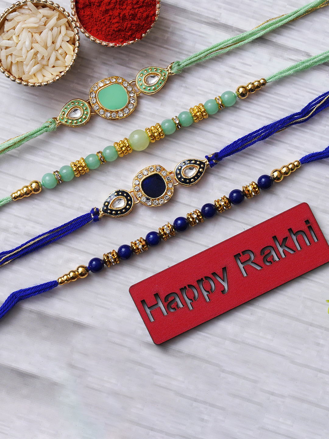 Set of 4 Multicolor Beads Kundan Designer Rakhis for Brother, Bhabhi, Kids with Roli Chawal Pack