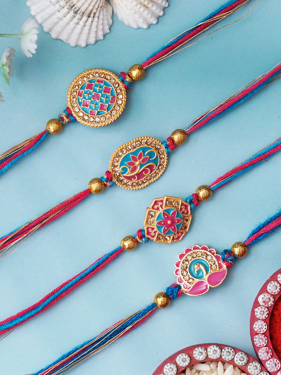 Set of 4 Multicolor Floral & Peacock Designer Rakhis for Brother, Bhabhi, Kids with Roli Chawal Pack 2
