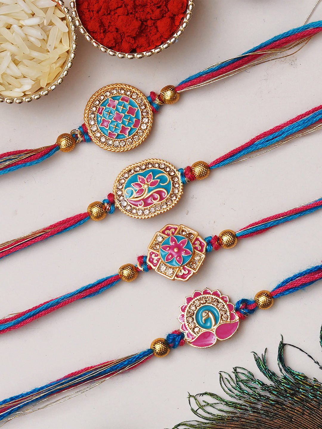 Set of 4 Multicolor Floral & Peacock Designer Rakhis for Brother, Bhabhi, Kids with Roli Chawal Pack 1