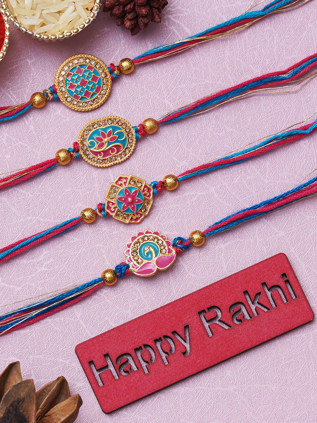 Set of 4 Multicolor Floral & Peacock Designer Rakhis for Brother, Bhabhi, Kids with Roli Chawal Pack