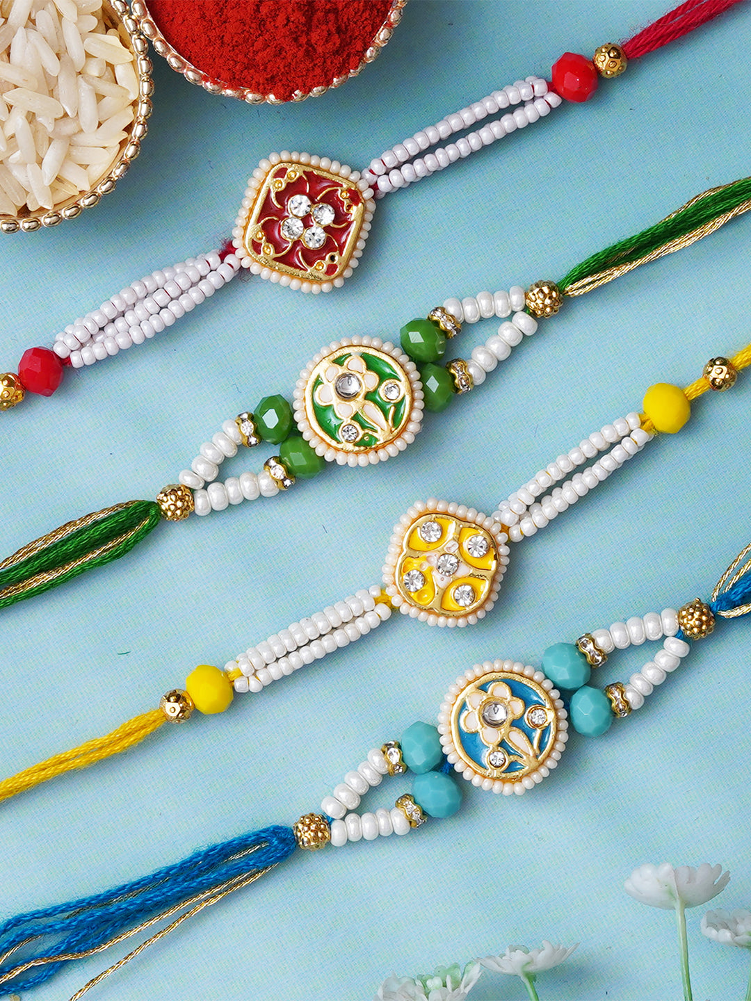 Set of 4 Pearl, Diamond, and Beads Floral Designer Rakhis for Brother, Bhabhi, Kids with Roli Chawal Pack 1
