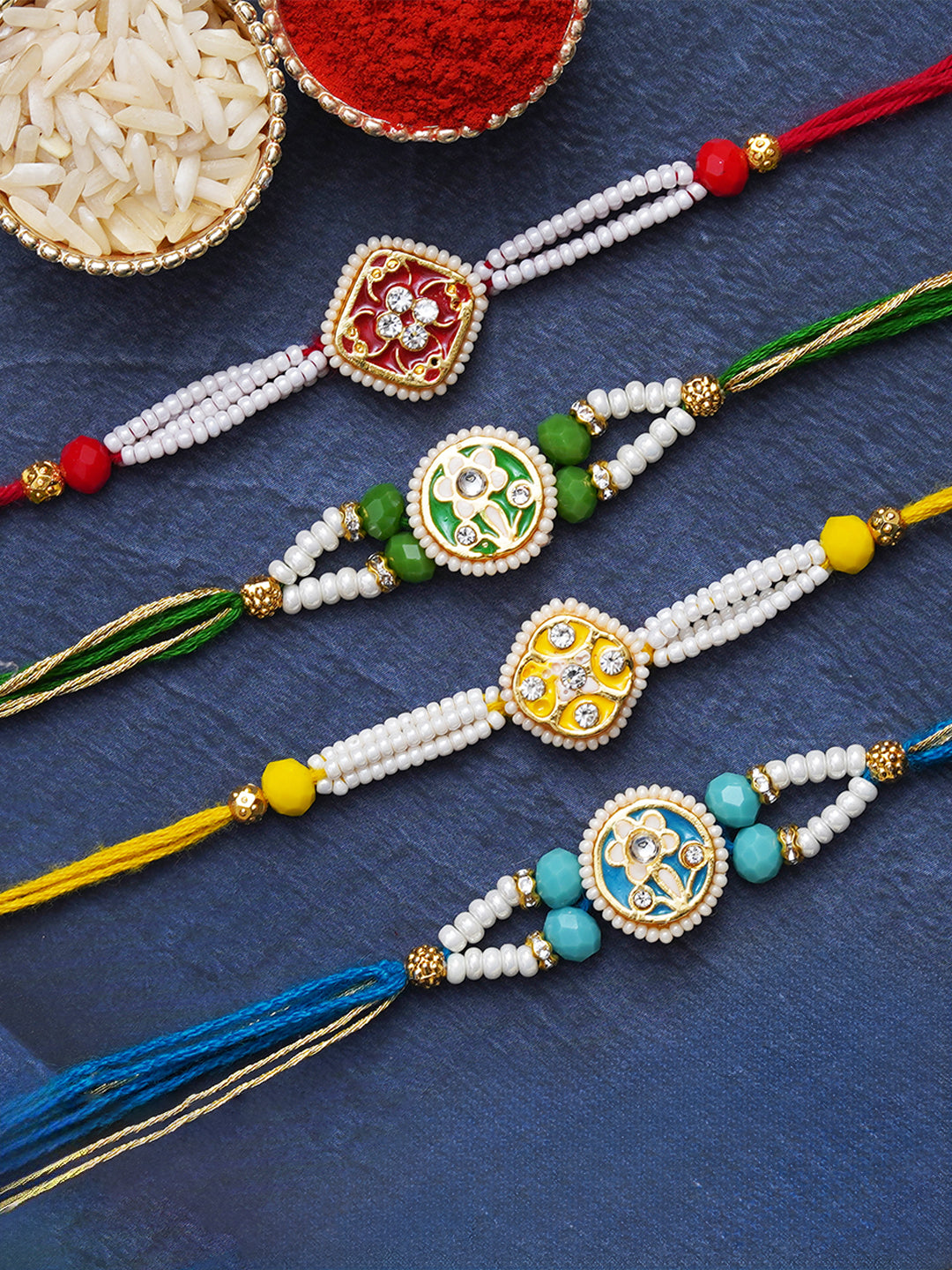 Set of 4 Pearl, Diamond, and Beads Floral Designer Rakhis for Brother, Bhabhi, Kids with Roli Chawal Pack