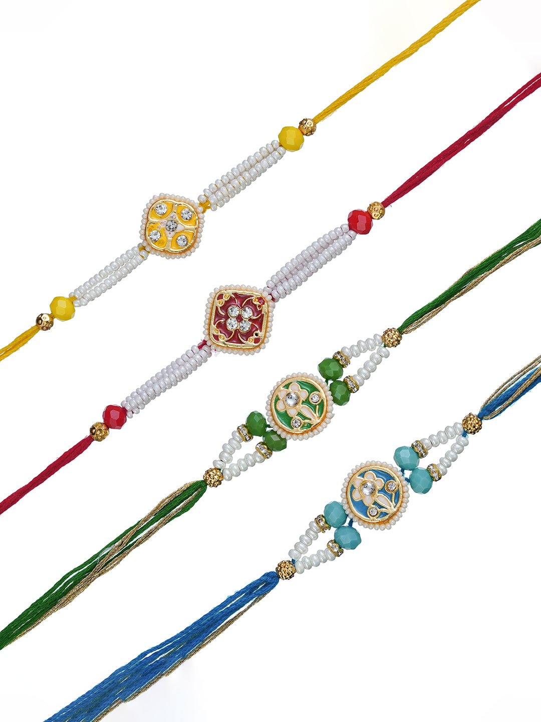 Set of 4 Pearl, Diamond, and Beads Floral Designer Rakhis for Brother, Bhabhi, Kids with Roli Chawal Pack 2