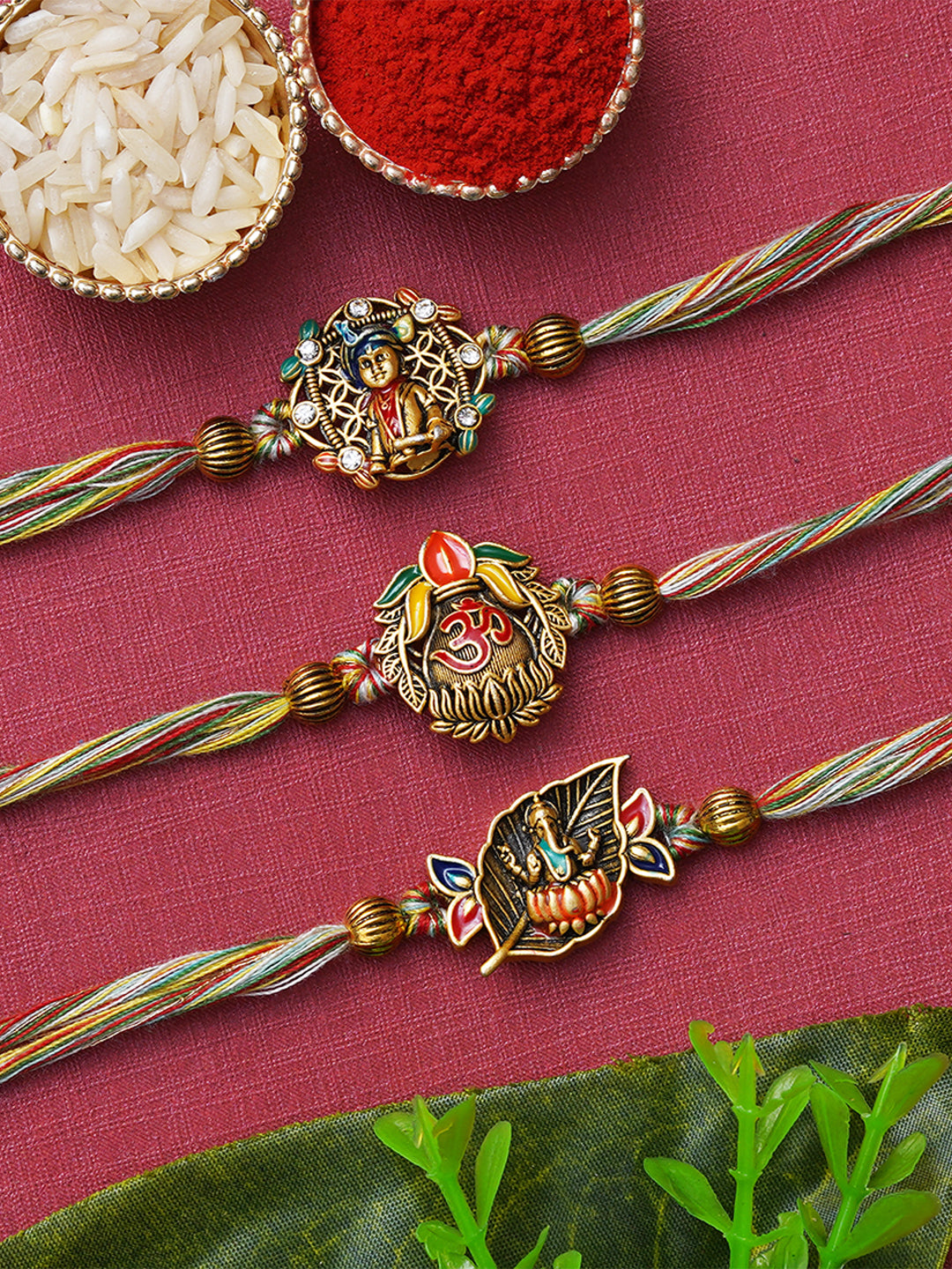 Set of 3 Lord Ganesha, Krishna, Om Designer Rakhis for Brother, Bhabhi, Kids with Roli Chawal Pack