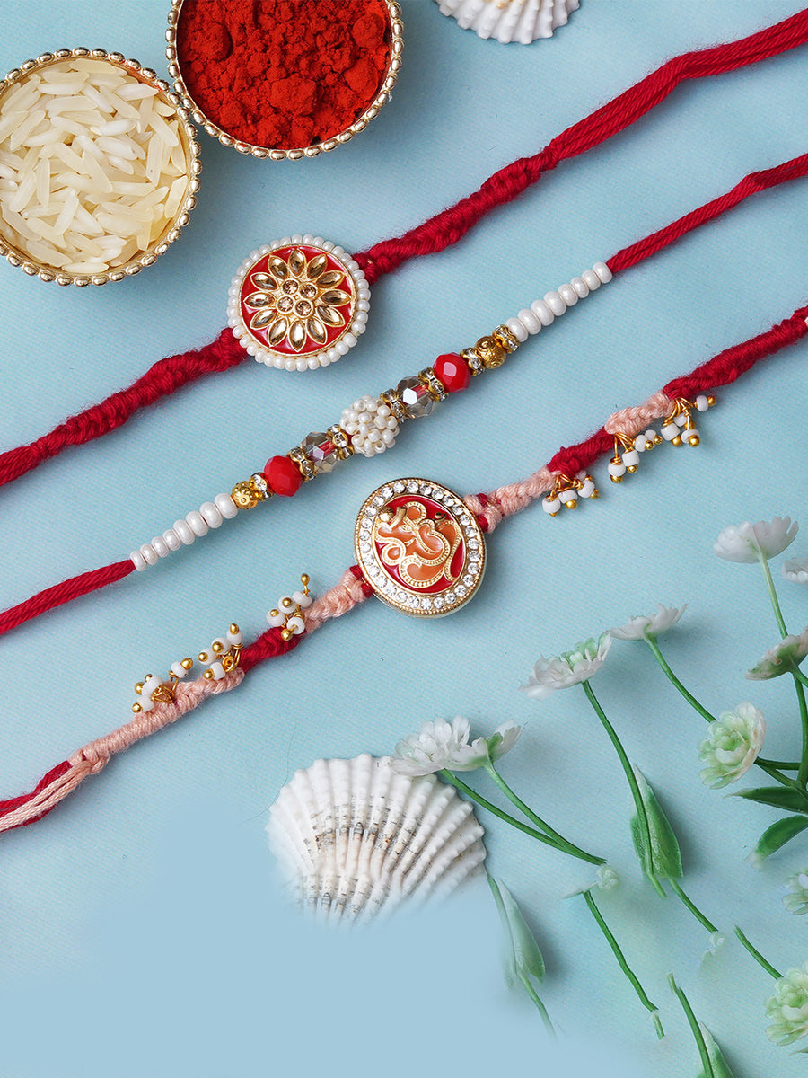 Set of 3 Multicolor Floral, Pearl, Ganesha Rakhis for Brother, Bhabhi ...