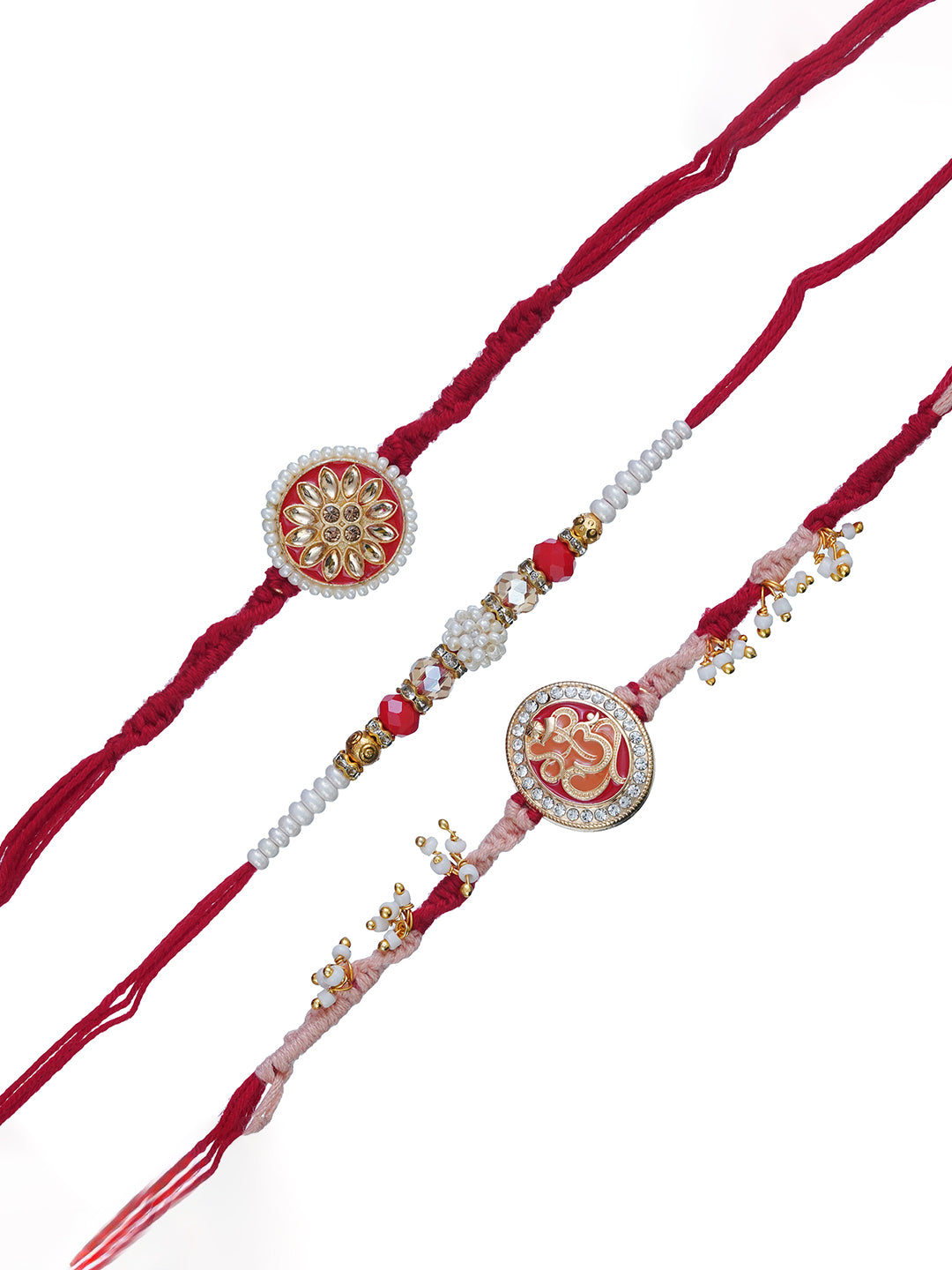 Set of 3 Multicolor Floral, Pearl, Ganesha Rakhis for Brother, Bhabhi, Kids with Roli Chawal Pack 2