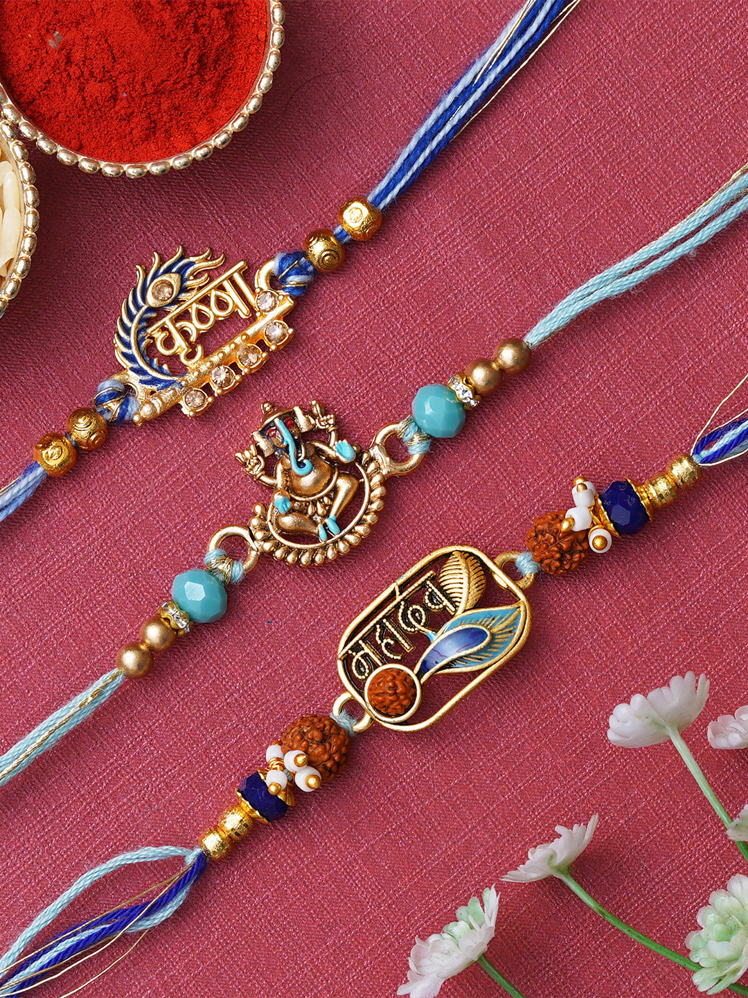 Set of 3 Mahadev, Krishna, Ganesha Religious Designer Rakhis for Brother, Bhabhi, Kids with Roli Chawal Pack 1