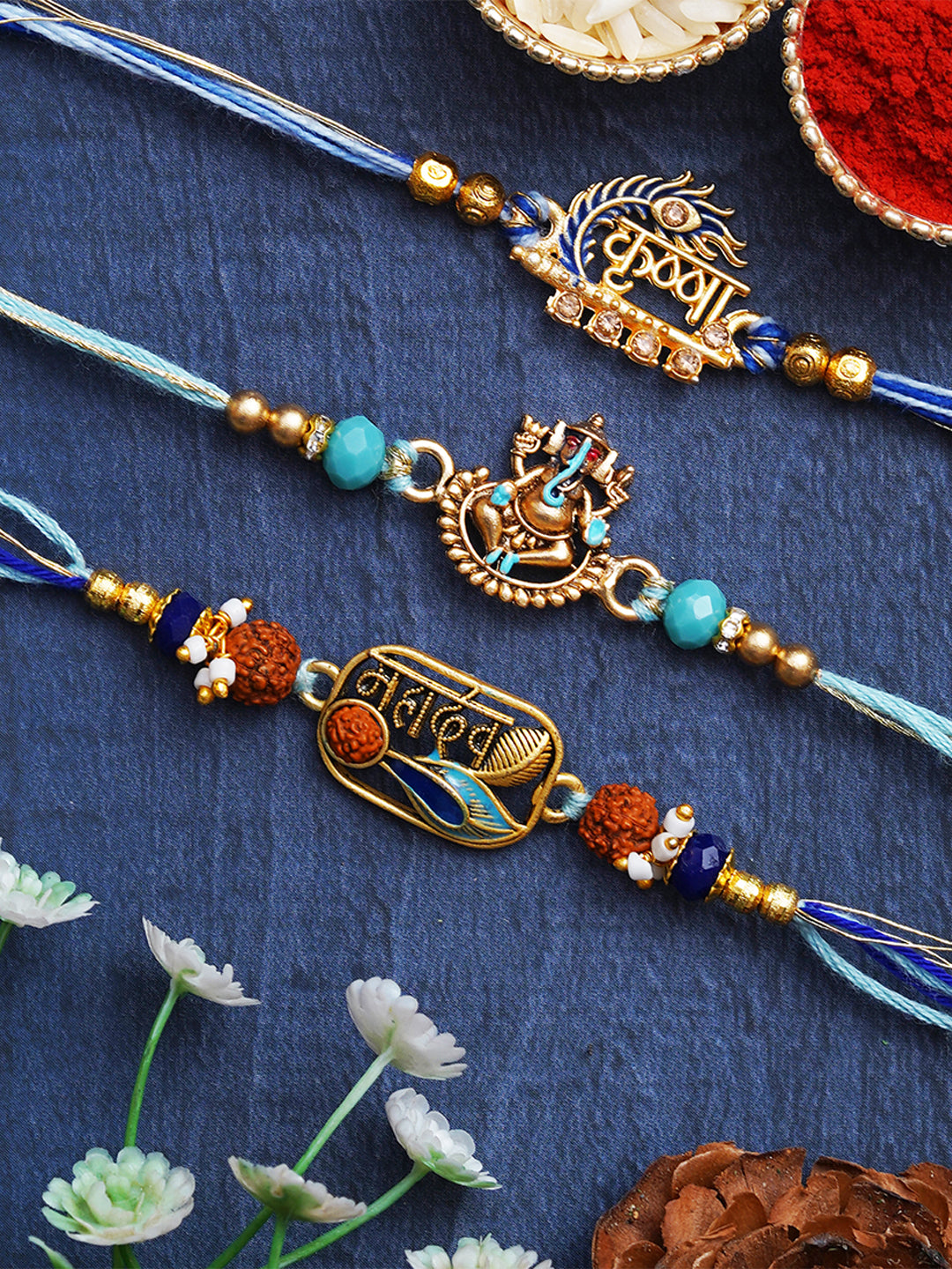 Set of 3 Mahadev, Krishna, Ganesha Religious Designer Rakhis for Brother, Bhabhi, Kids with Roli Chawal Pack