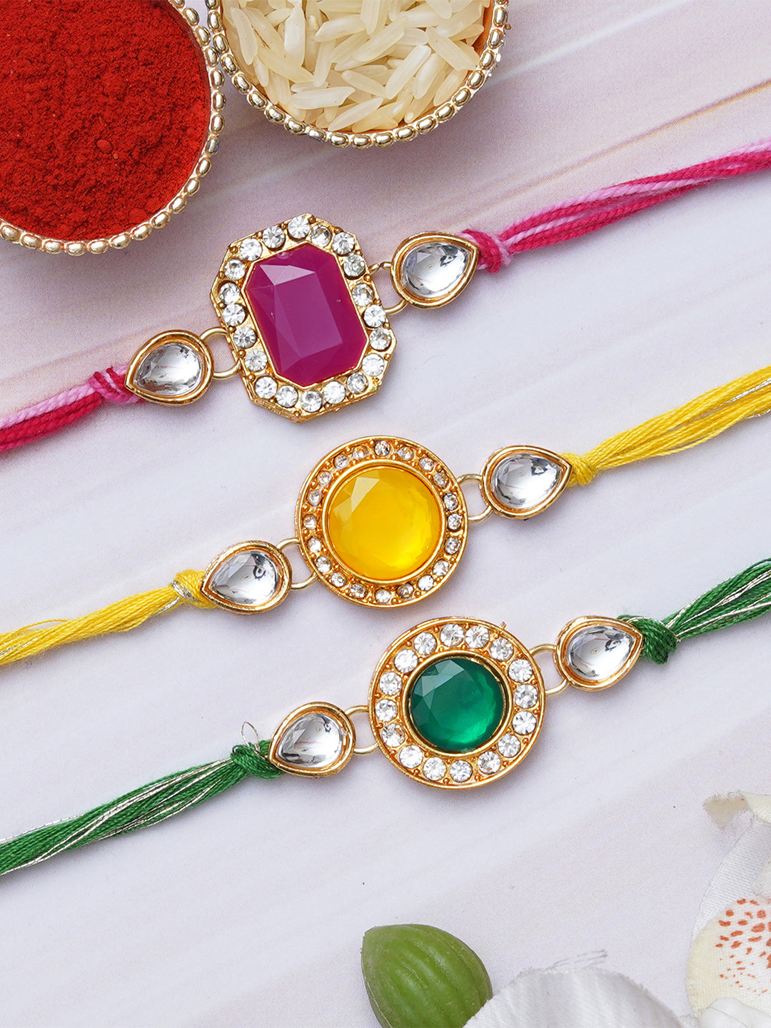 Set of 3 Pink, Green, and Yellow Kundan Diamond Designer Rakhis for Brother, Bhabhi, Kids with Roli Chawal Pack 1