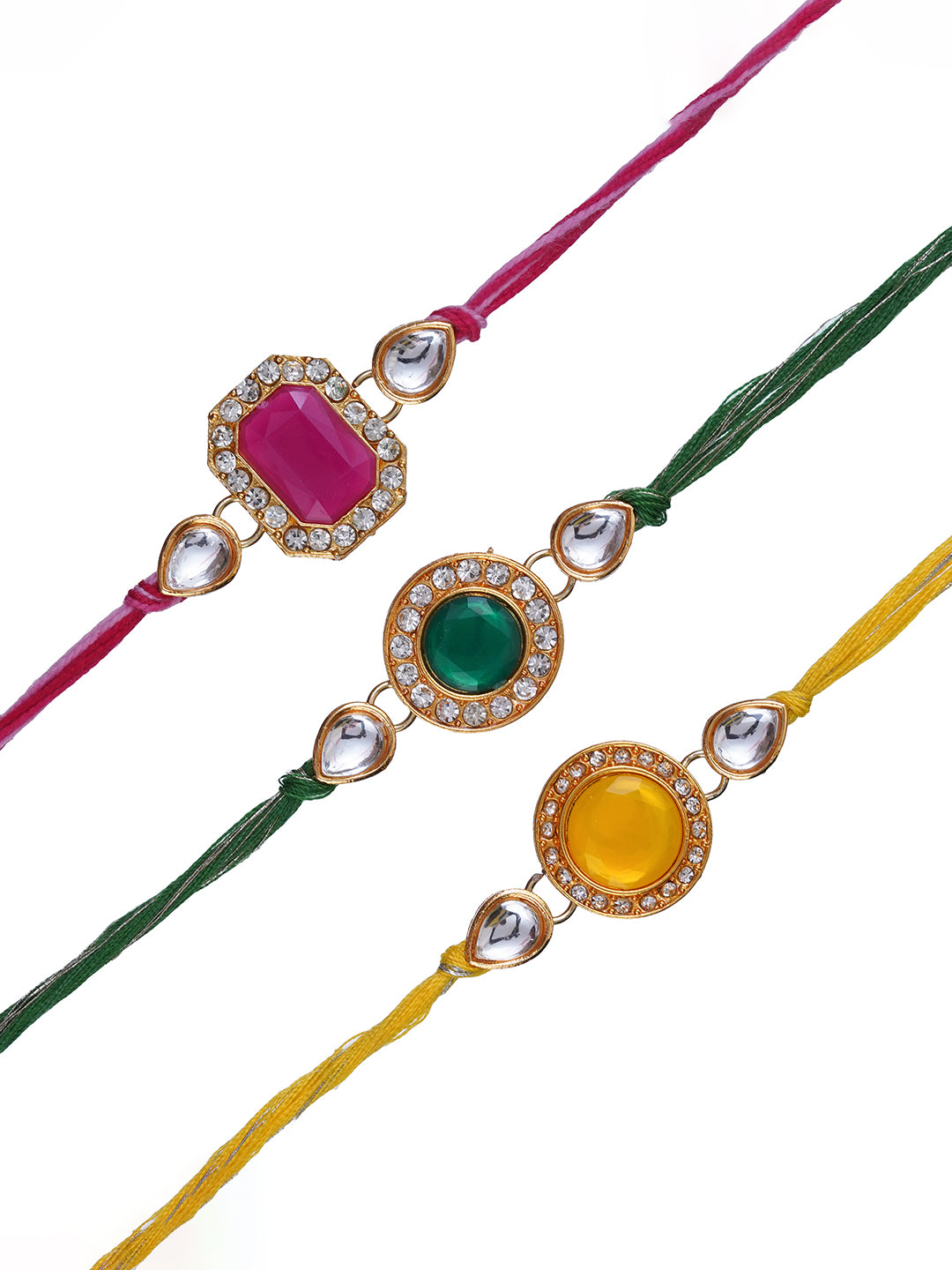 Set of 3 Pink, Green, and Yellow Kundan Diamond Designer Rakhis for Brother, Bhabhi, Kids with Roli Chawal Pack 2