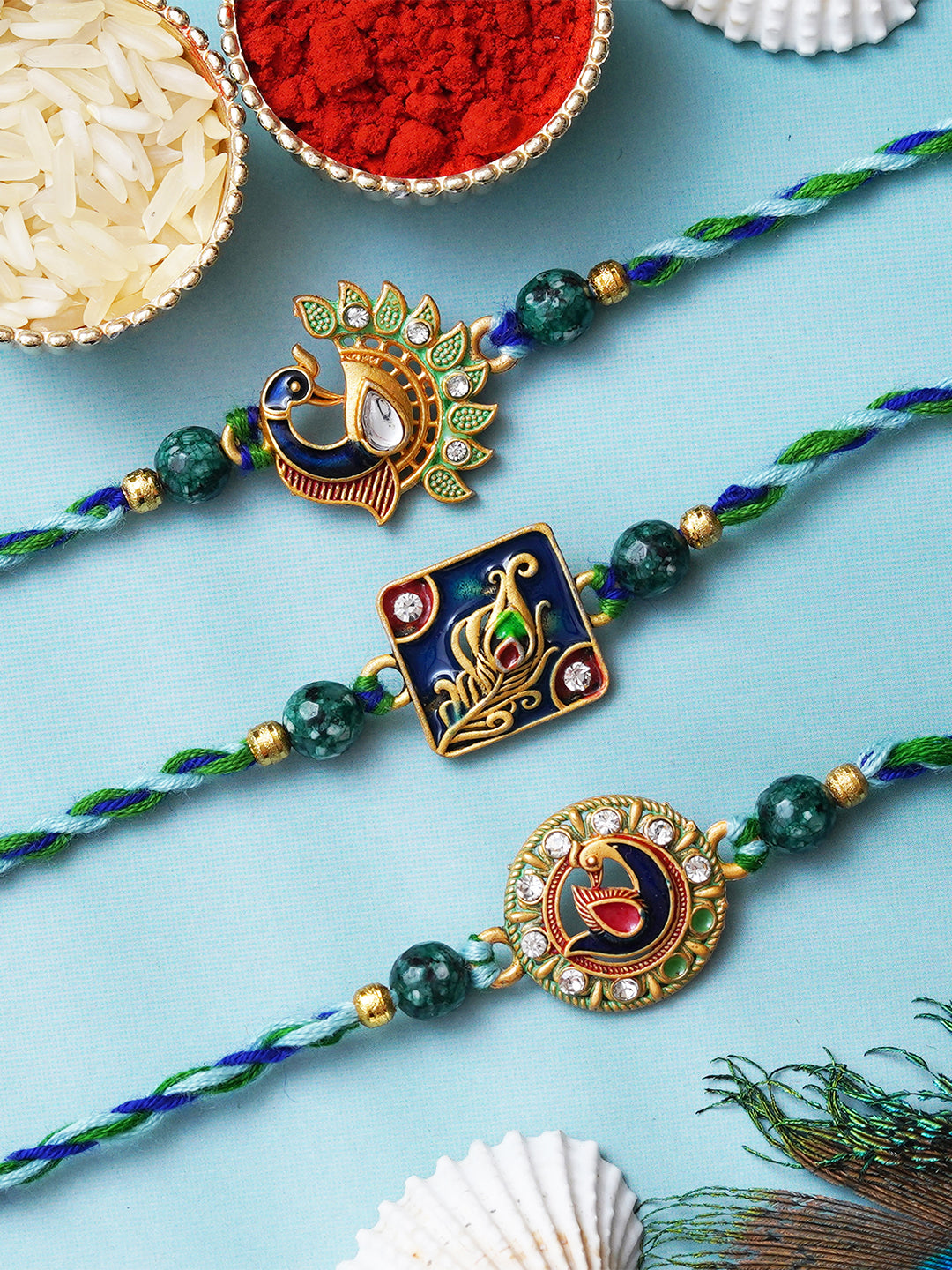Set of 3 Beautiful Peacock Feather Designer Rakhis for Brother, Bhabhi, Kids with Roli Chawal Pack 1