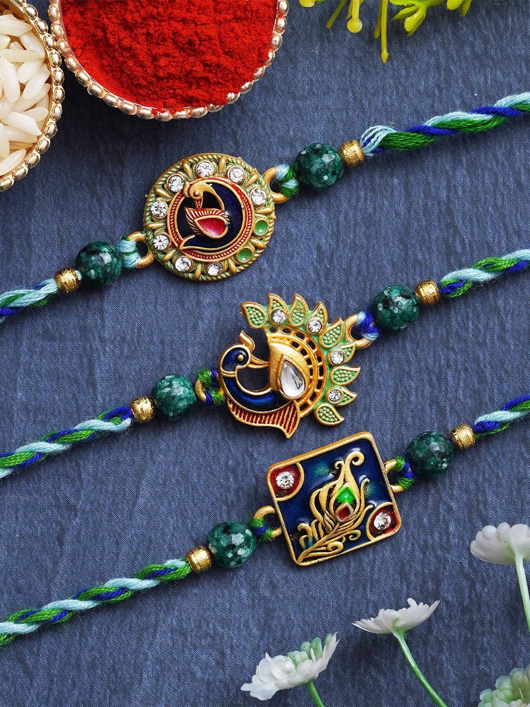 Set of 3 Beautiful Peacock Feather Designer Rakhis for Brother, Bhabhi, Kids with Roli Chawal Pack