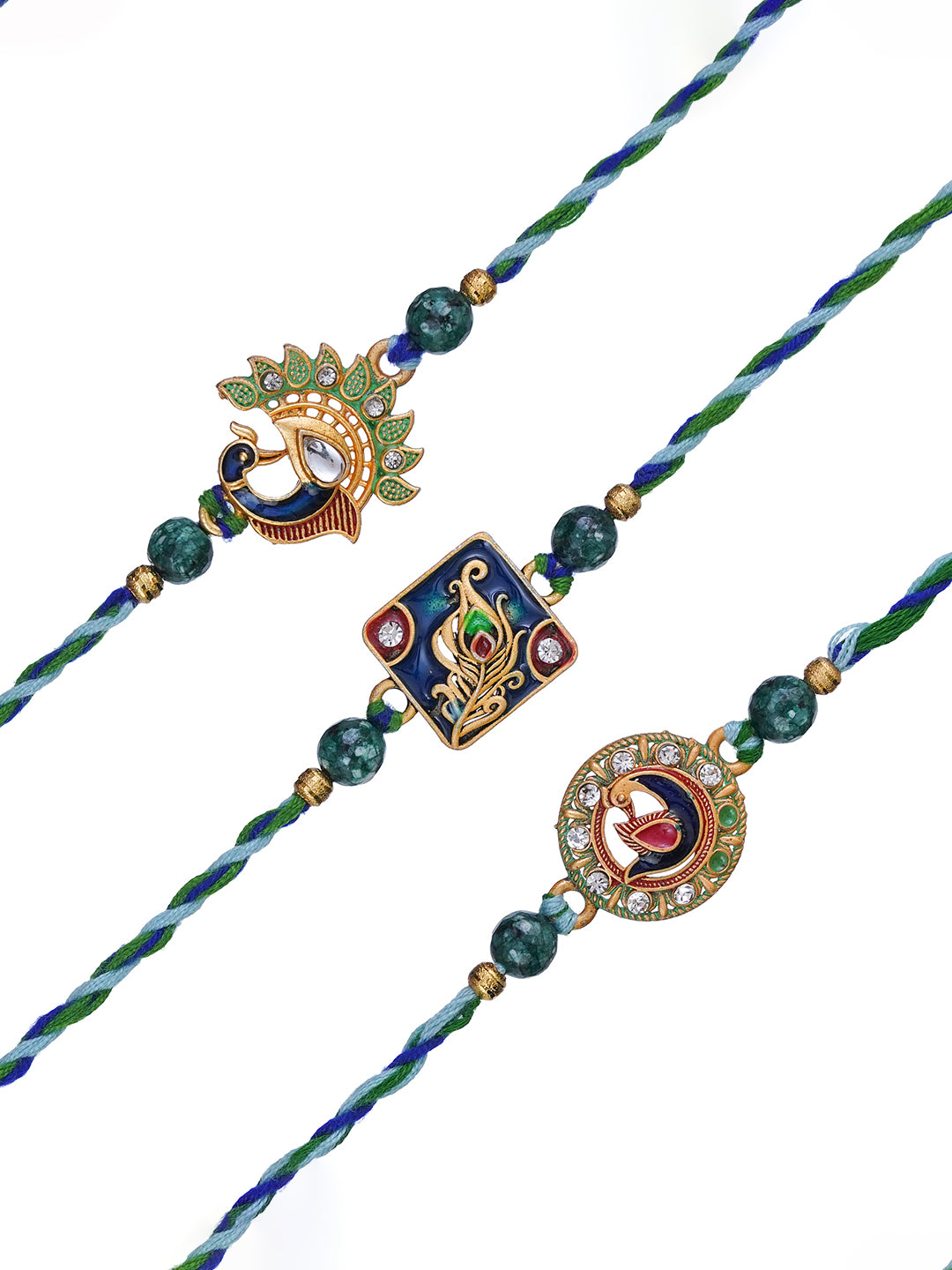 Set of 3 Beautiful Peacock Feather Designer Rakhis for Brother, Bhabhi, Kids with Roli Chawal Pack 2