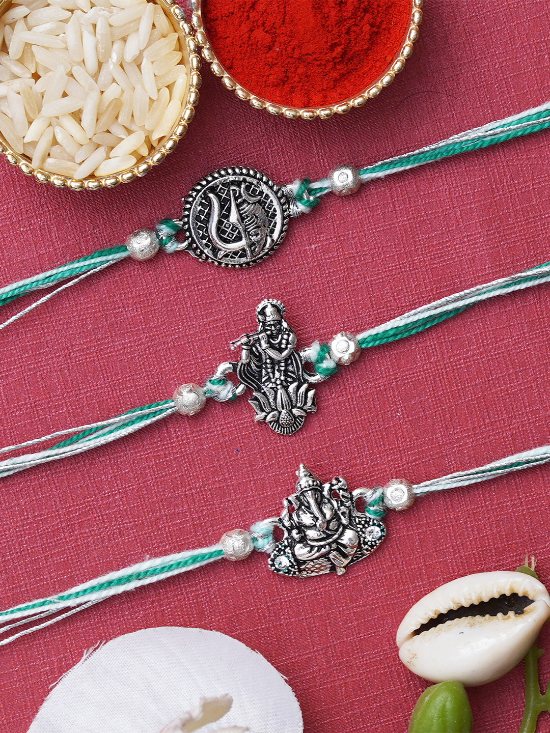 Set of 3 Lord Shiva Trishul, Ganesha, Krishna Religious Designer Rakhis for Brother, Bhabhi, Kids with Roli Chawal Pack 1