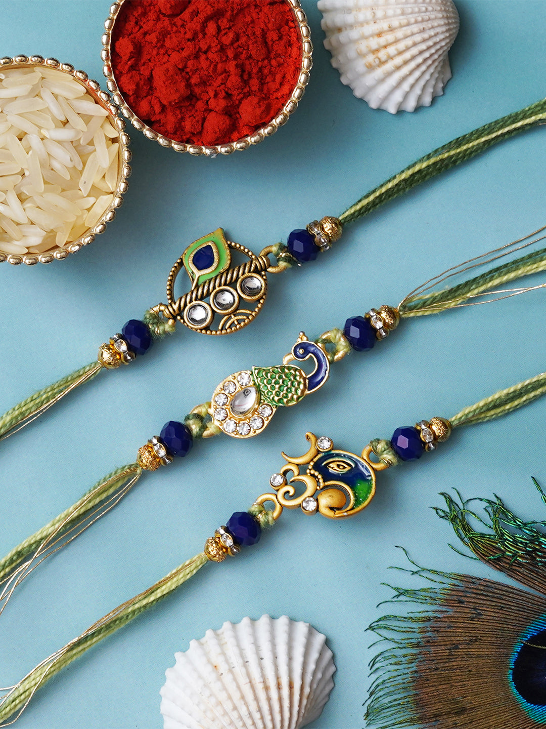 Set of 3 Peacock, Om Ganesha, Flute Peacock Feather Designer Rakhis for Brother, Bhabhi, Kids with Roli Chawal Pack 1