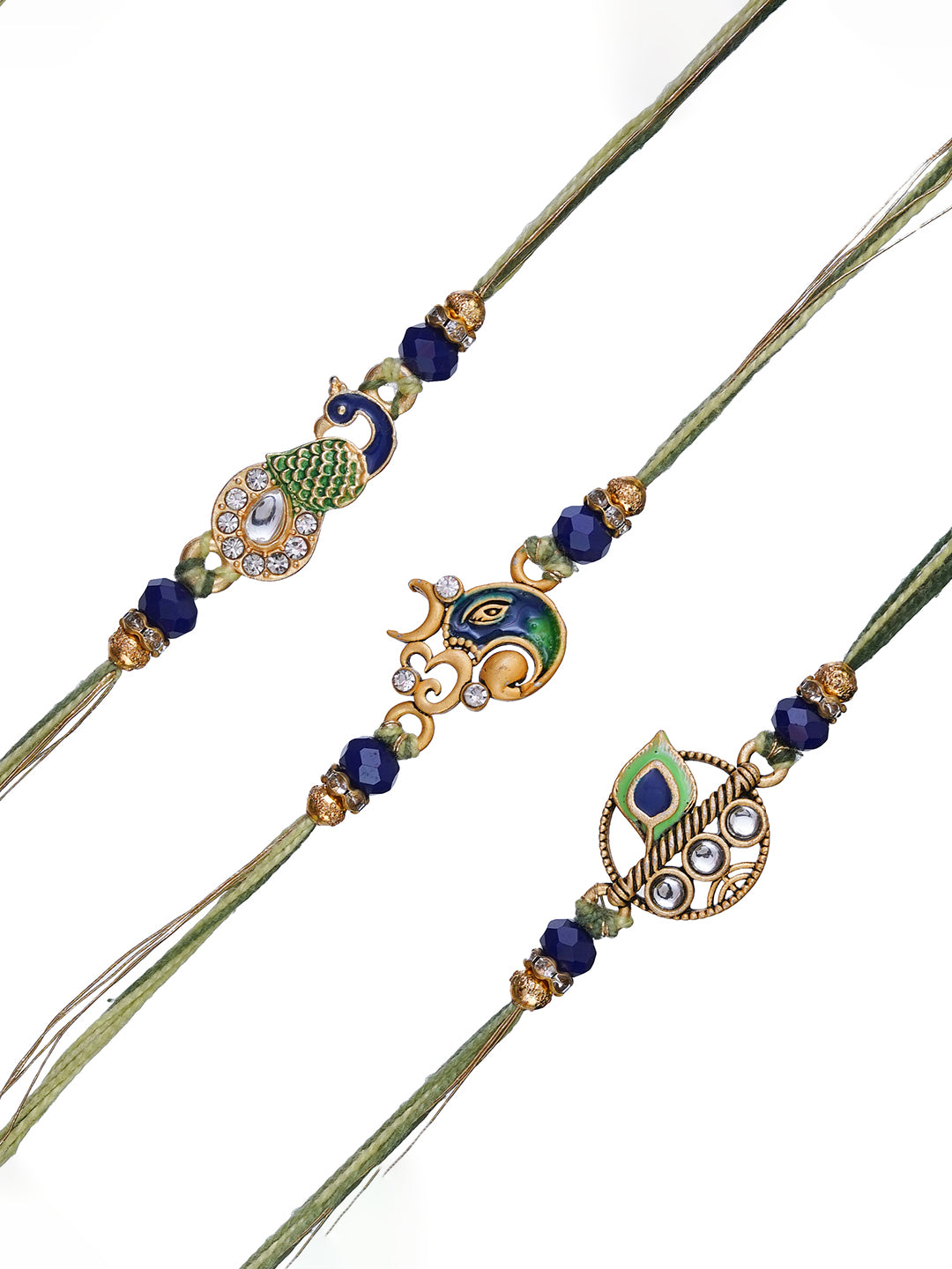 Set of 3 Peacock, Om Ganesha, Flute Peacock Feather Designer Rakhis for Brother, Bhabhi, Kids with Roli Chawal Pack 2