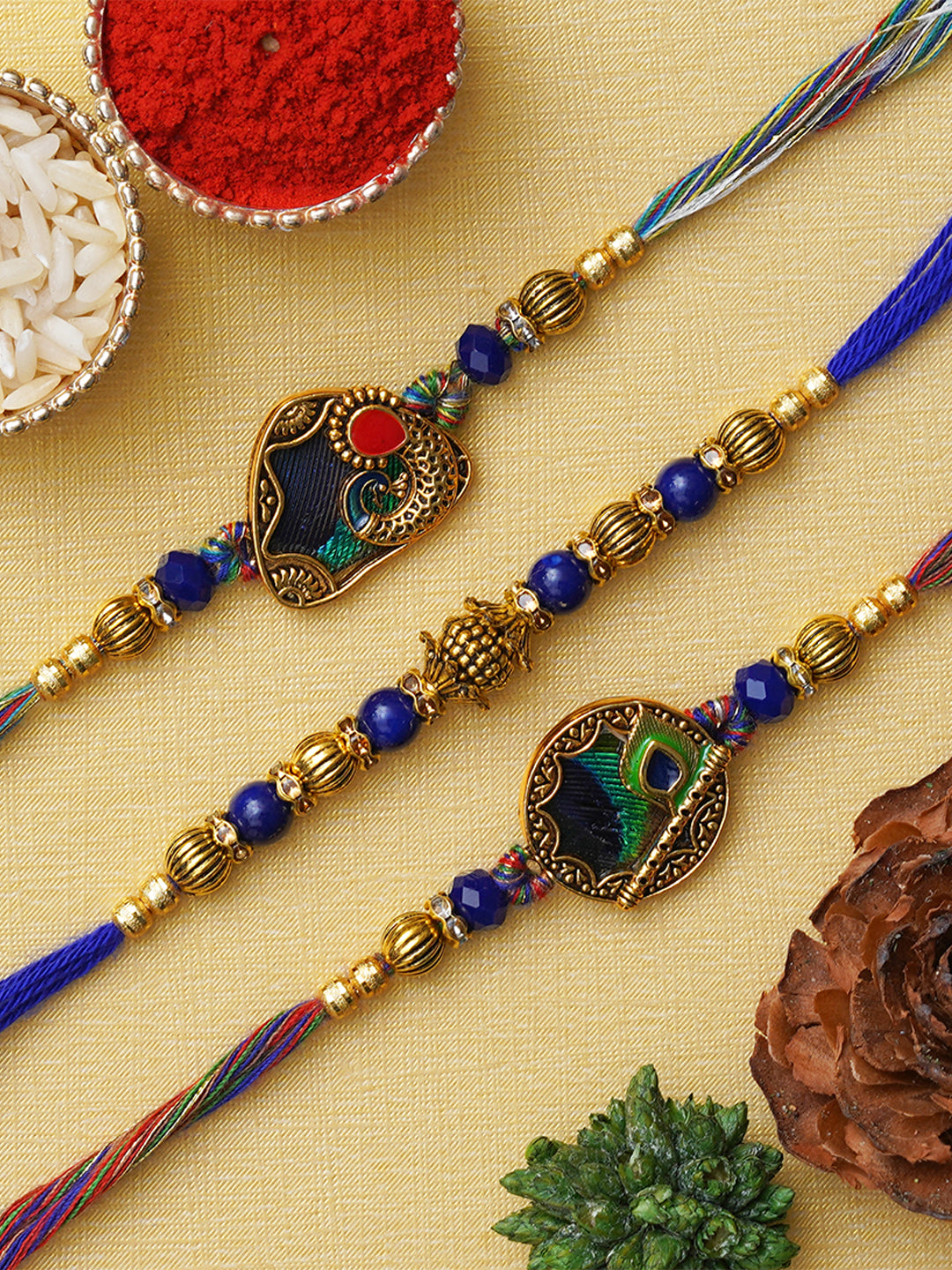Set of 3 Peacock Feather, Flute Designer Rakhis for Brother, Bhabhi, Kids with Roli Chawal Pack 1