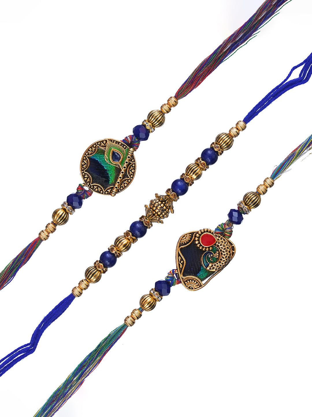 Set of 3 Peacock Feather, Flute Designer Rakhis for Brother, Bhabhi, Kids with Roli Chawal Pack 2