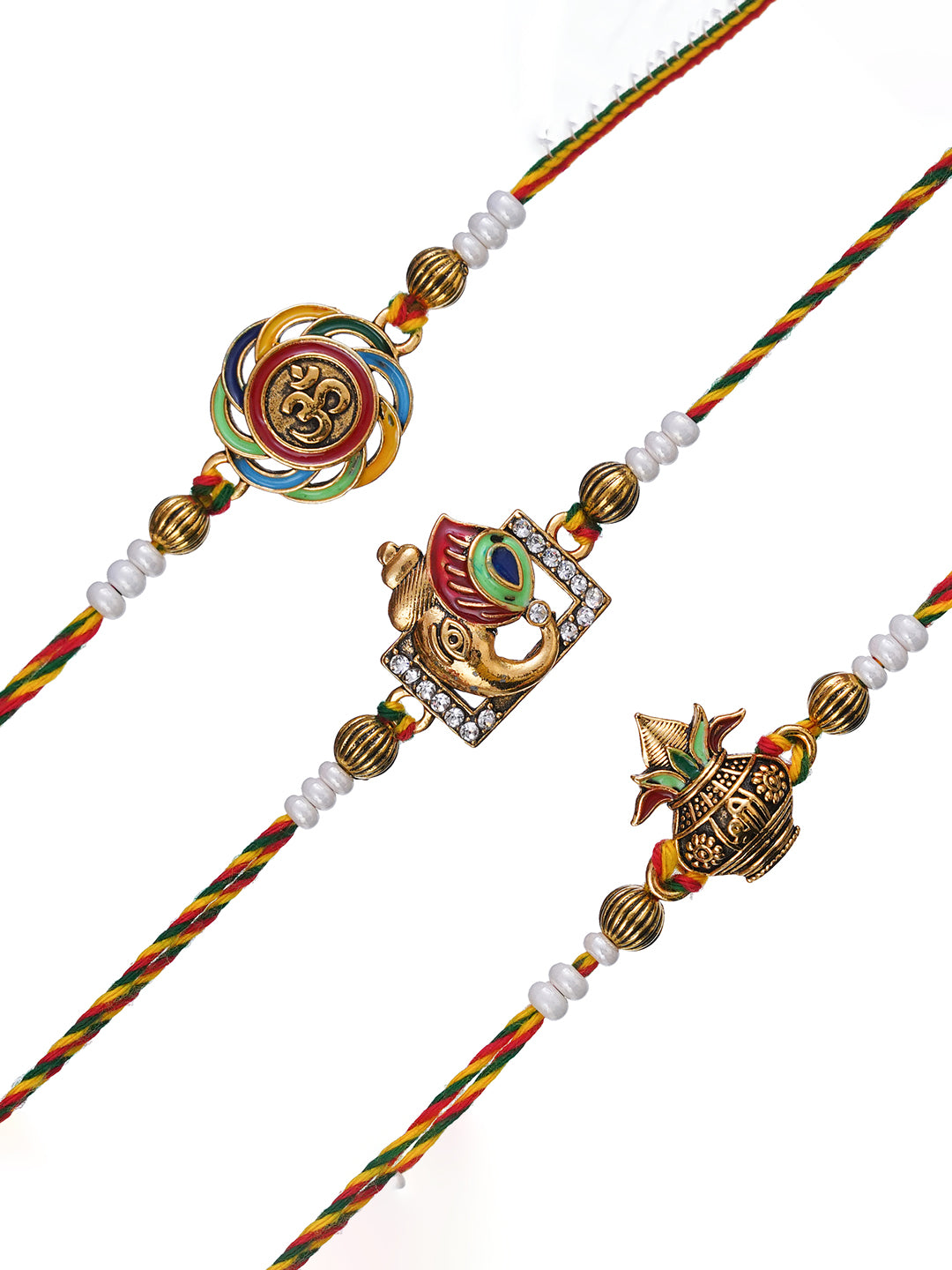 Set of 3 Om, Lord Ganesha, Kalash Designer Rakhis for Brother, Bhabhi, Kids with Roli Chawal Pack 2