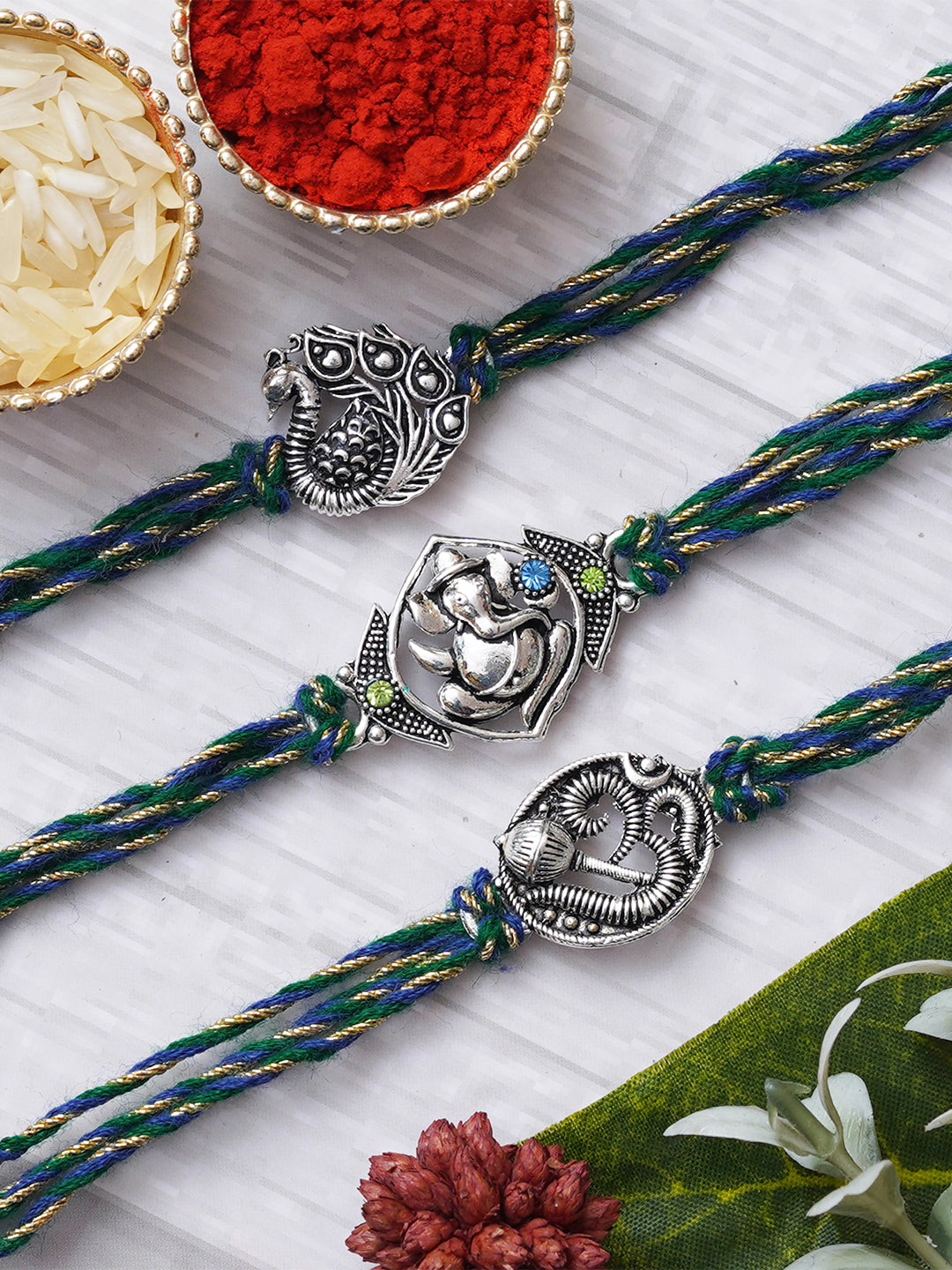 Set of 3 Lord Ganesha, Peacock, Om with Mace Rakhis for Brother, Bhabhi, Kids with Roli Chawal Pack 1