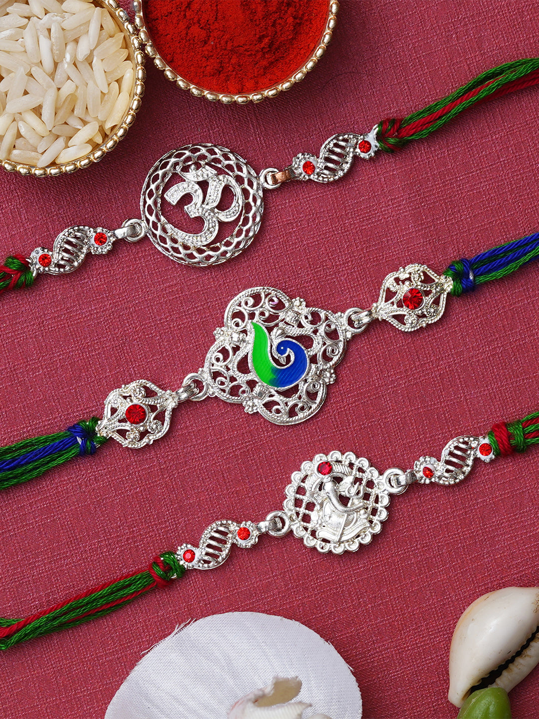 Set of 3 Peacock, Om, Lord Ganesha Religious Rakhis for Brother, Bhabhi, Kids with Roli Chawal Pack 1