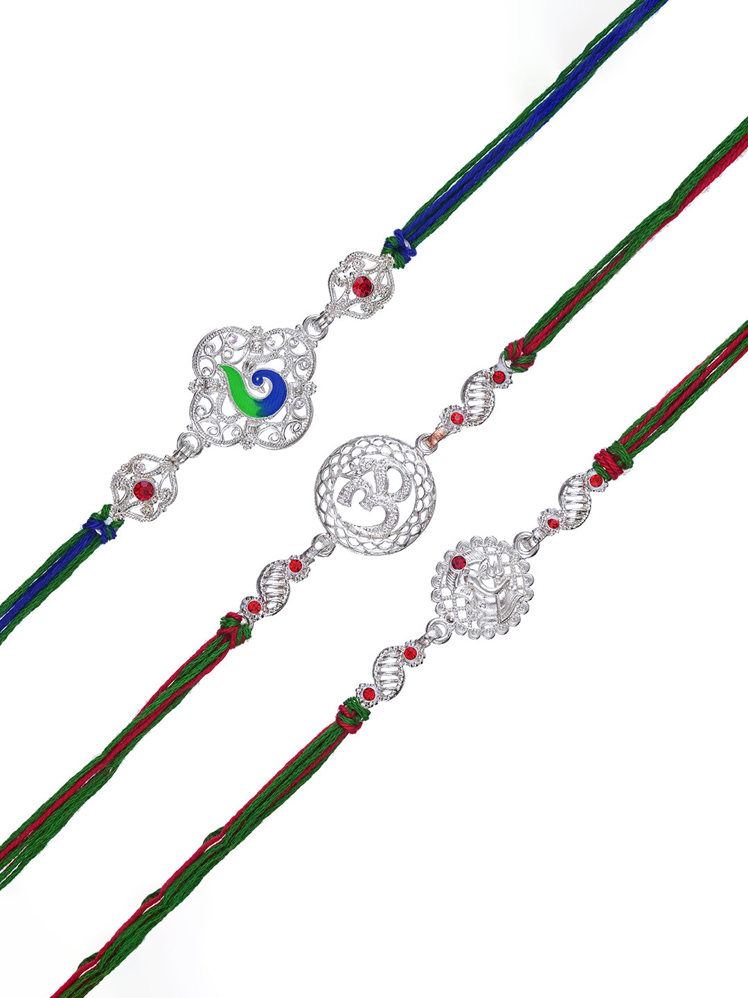 Set of 3 Peacock, Om, Lord Ganesha Religious Rakhis for Brother, Bhabhi, Kids with Roli Chawal Pack 2