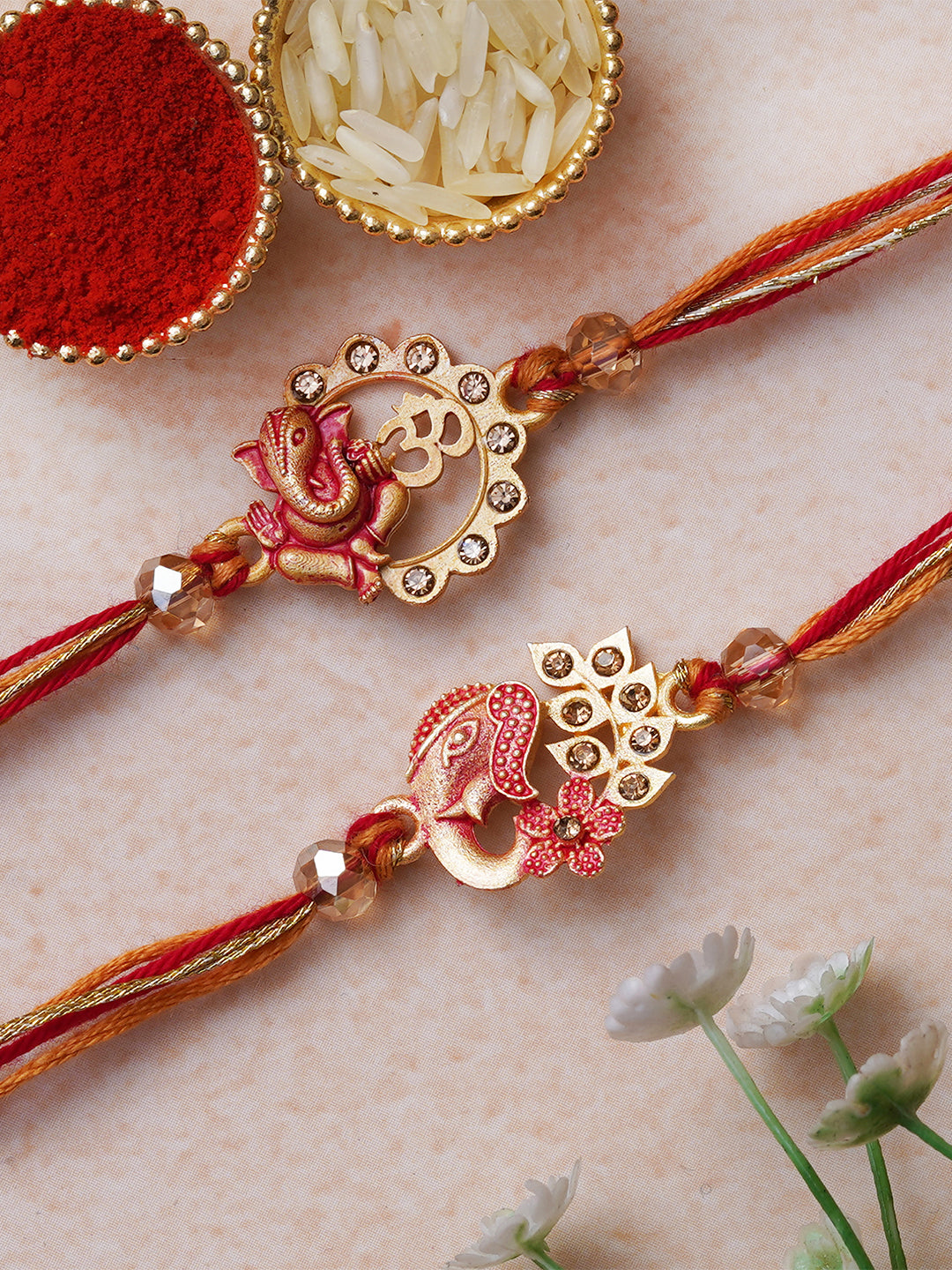 Set of 2 Red & Golden Lord Ganesha, Om Symbol Rakhis for Brother, Bhabhi, Kids with Roli Chawal Pack