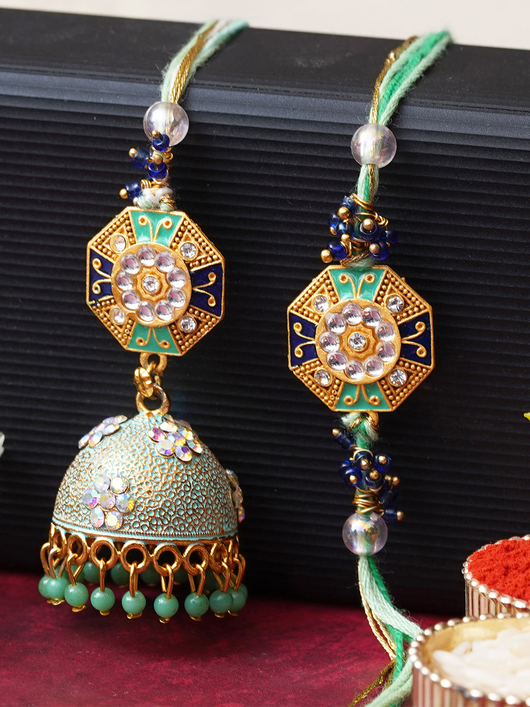 Set of 2 Floral Designer Rakhi for Brother and Bhabhi with Roli Chawal Pack 1