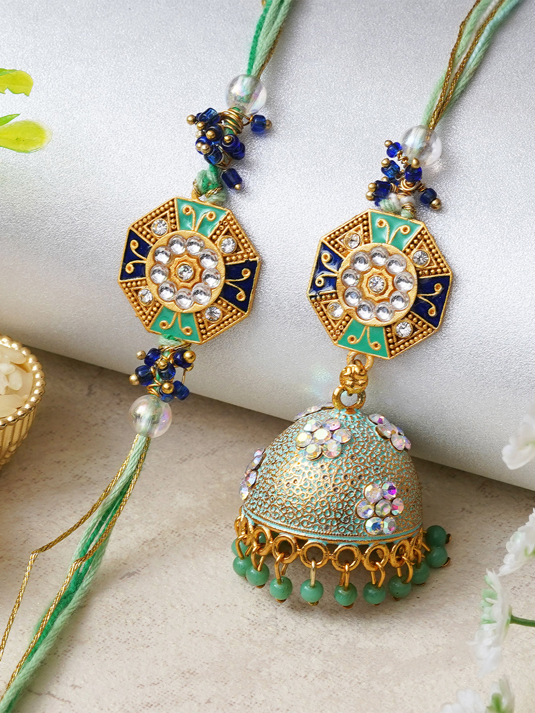 Set of 2 Floral Designer Rakhi for Brother and Bhabhi with Roli Chawal Pack