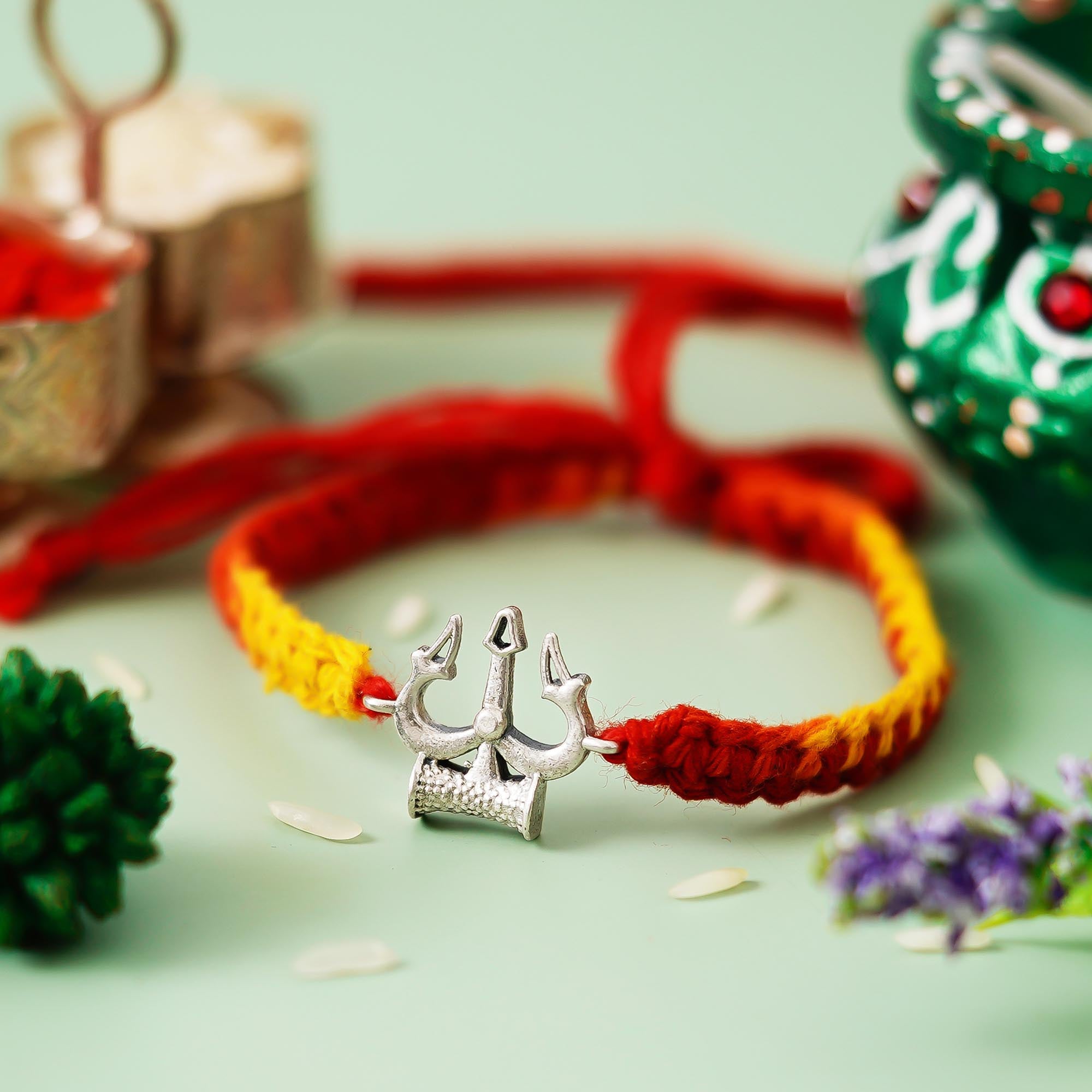 Lord Shiva Trishul Damru 925 Sterling Silver Rakhi for Brother with Roli Chawal Pack