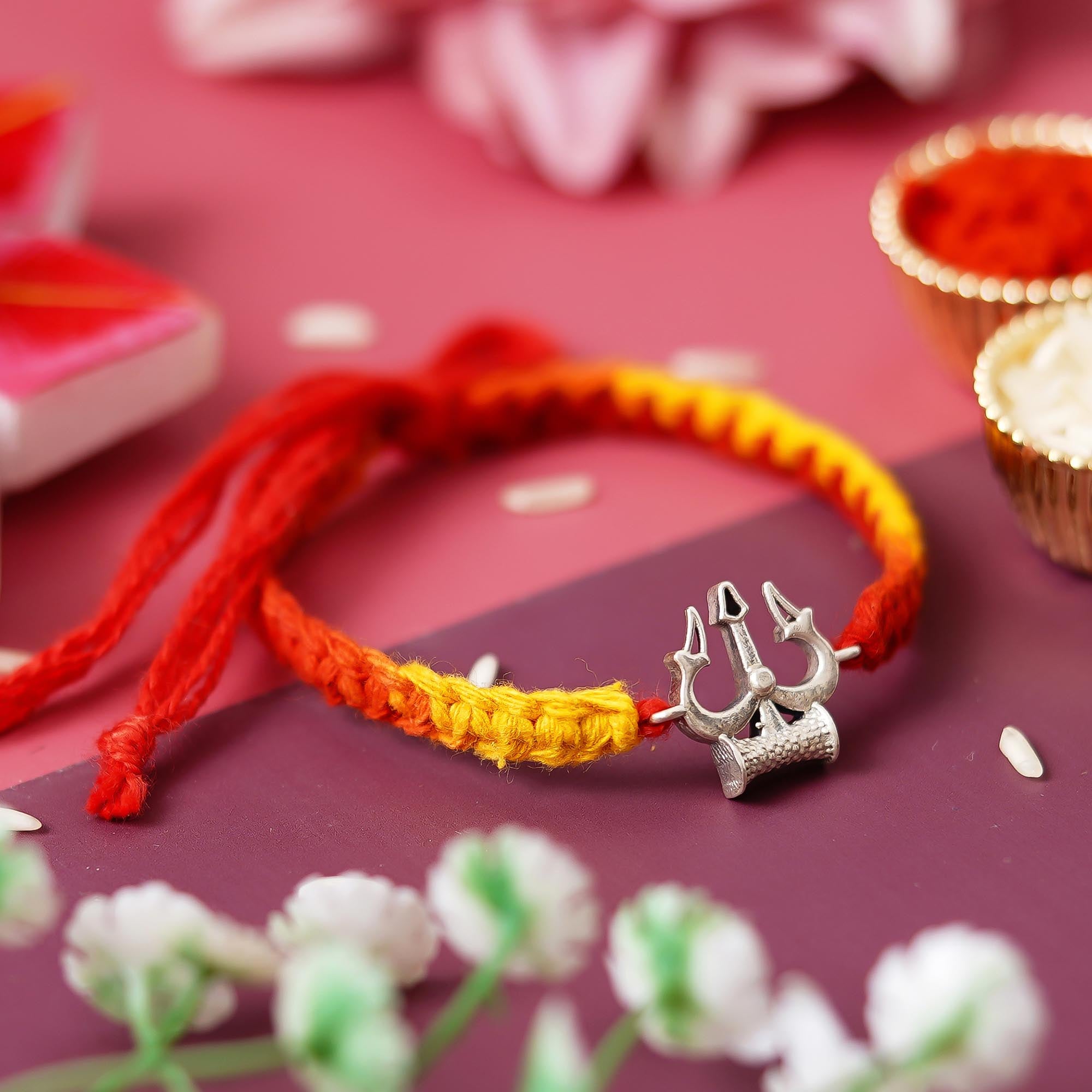 Lord Shiva Trishul Damru 925 Sterling Silver Rakhi for Brother with Roli Chawal Pack 1