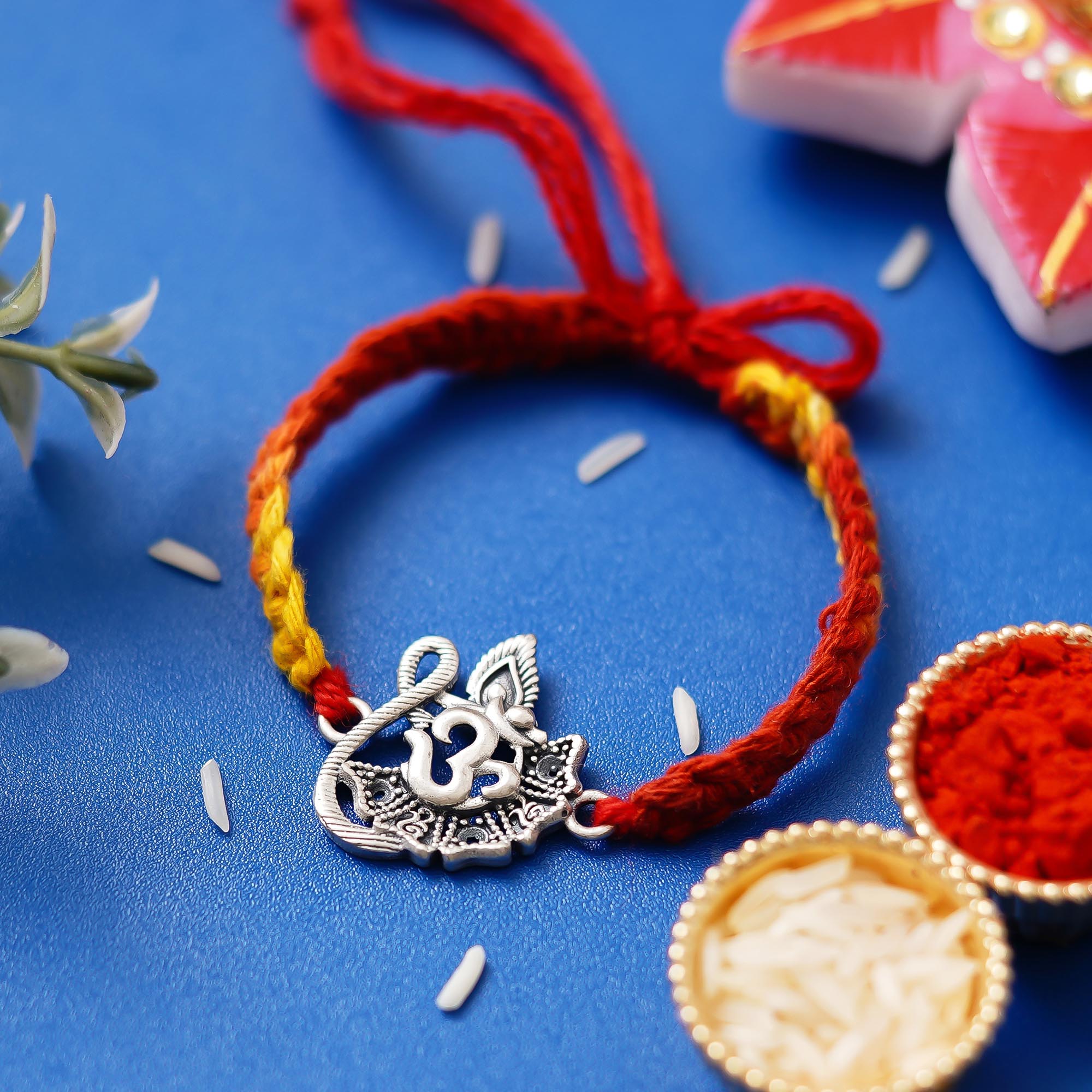 Peacock Feather Om Designer 925 Sterling Silver Rakhi for Brother with Roli Chawal Pack